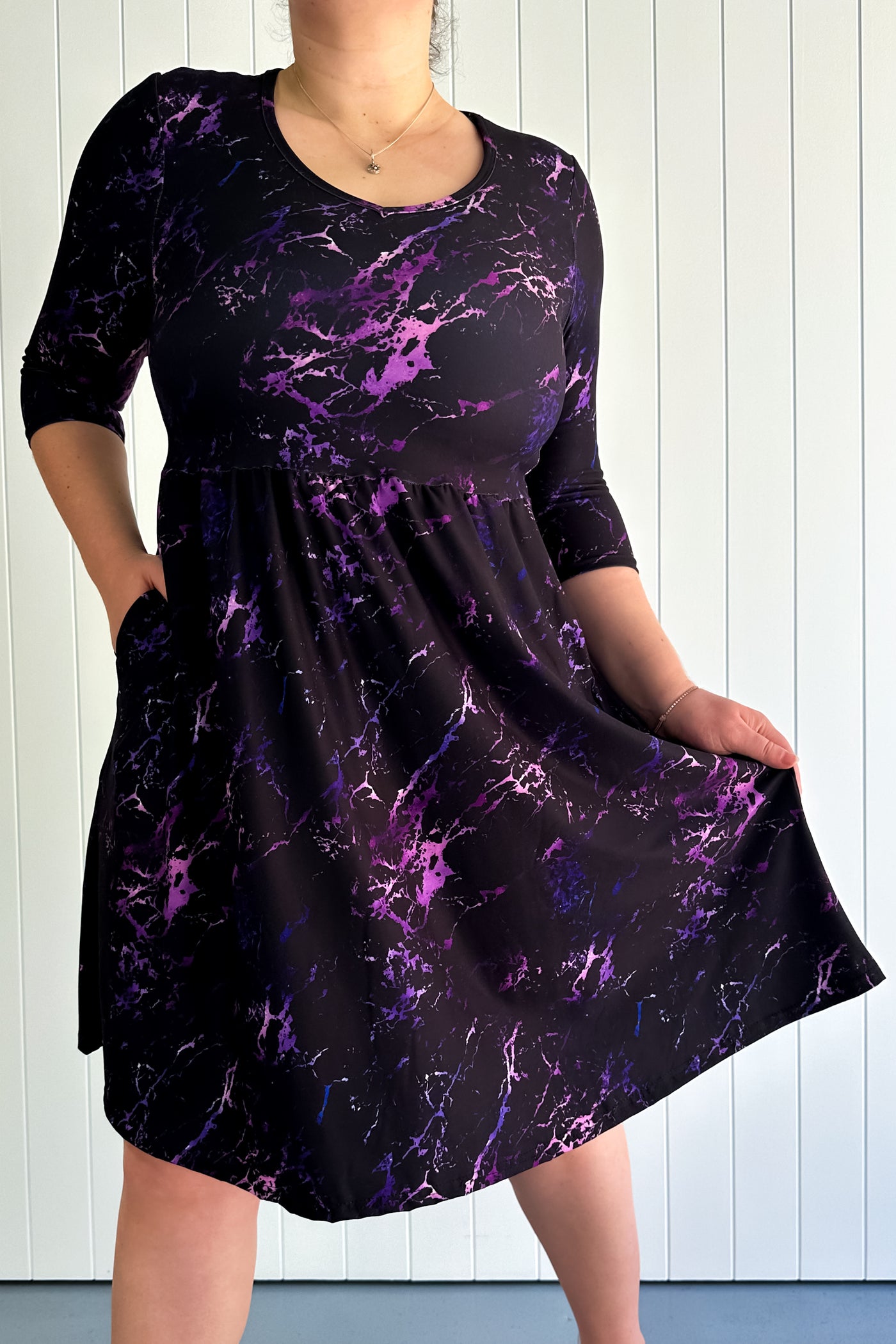 Purple Marble - 3/4 Sleeve Skater Dress - Knee Length - Pockets