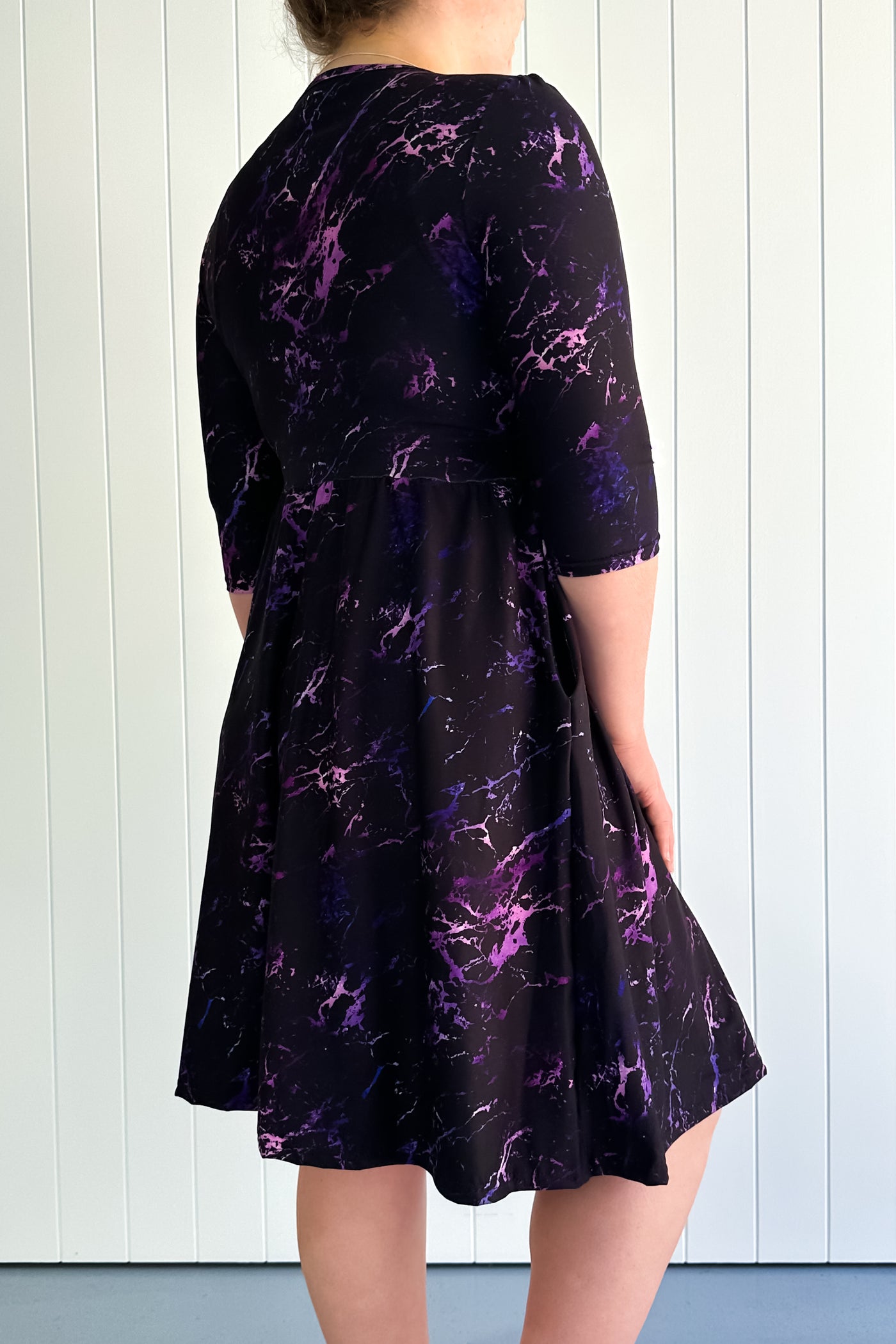 Purple Marble - 3/4 Sleeve Skater Dress - Knee Length - Pockets