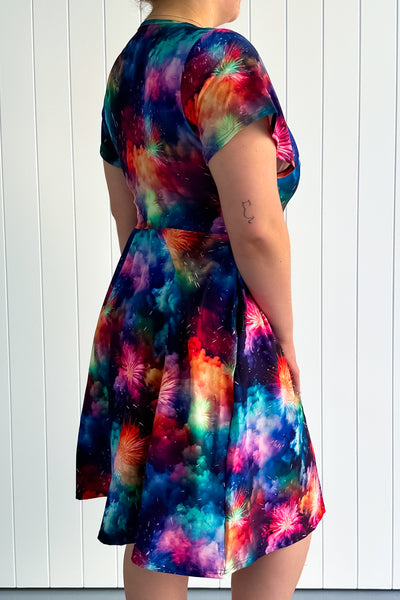 Colourful Fireworks - Flutter Sleeve Skater Dress - Knee Length - Pockets