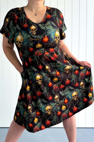 Skelly Christmas - Flutter Sleeve Skater Dress - Knee Length - Pockets