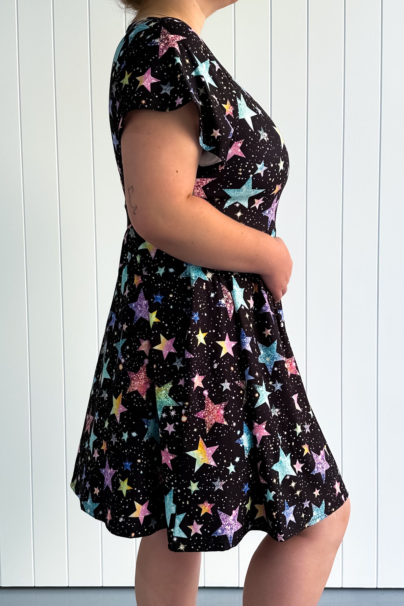 Sparkle Stars - Mini Dress - Flutter Sleeve - Pockets