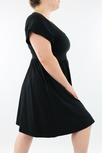 Black - Flutter Sleeve Skater Dress - Knee Length - Pockets