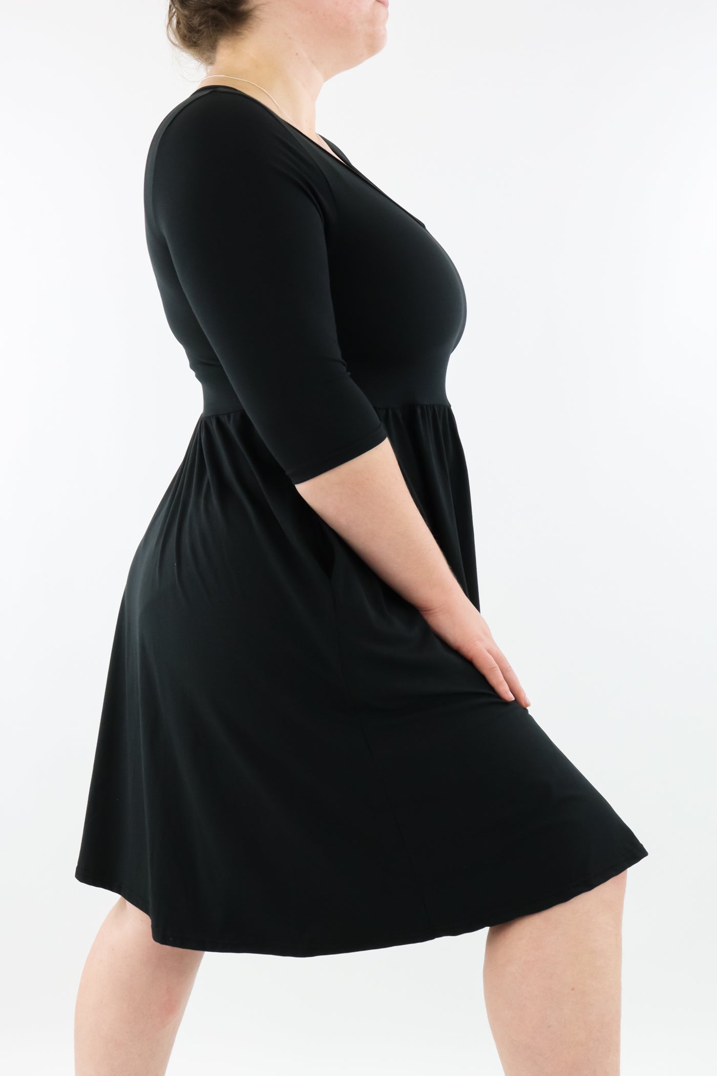 Black - 3/4 Sleeve Skater Dress - Knee Length - Pockets