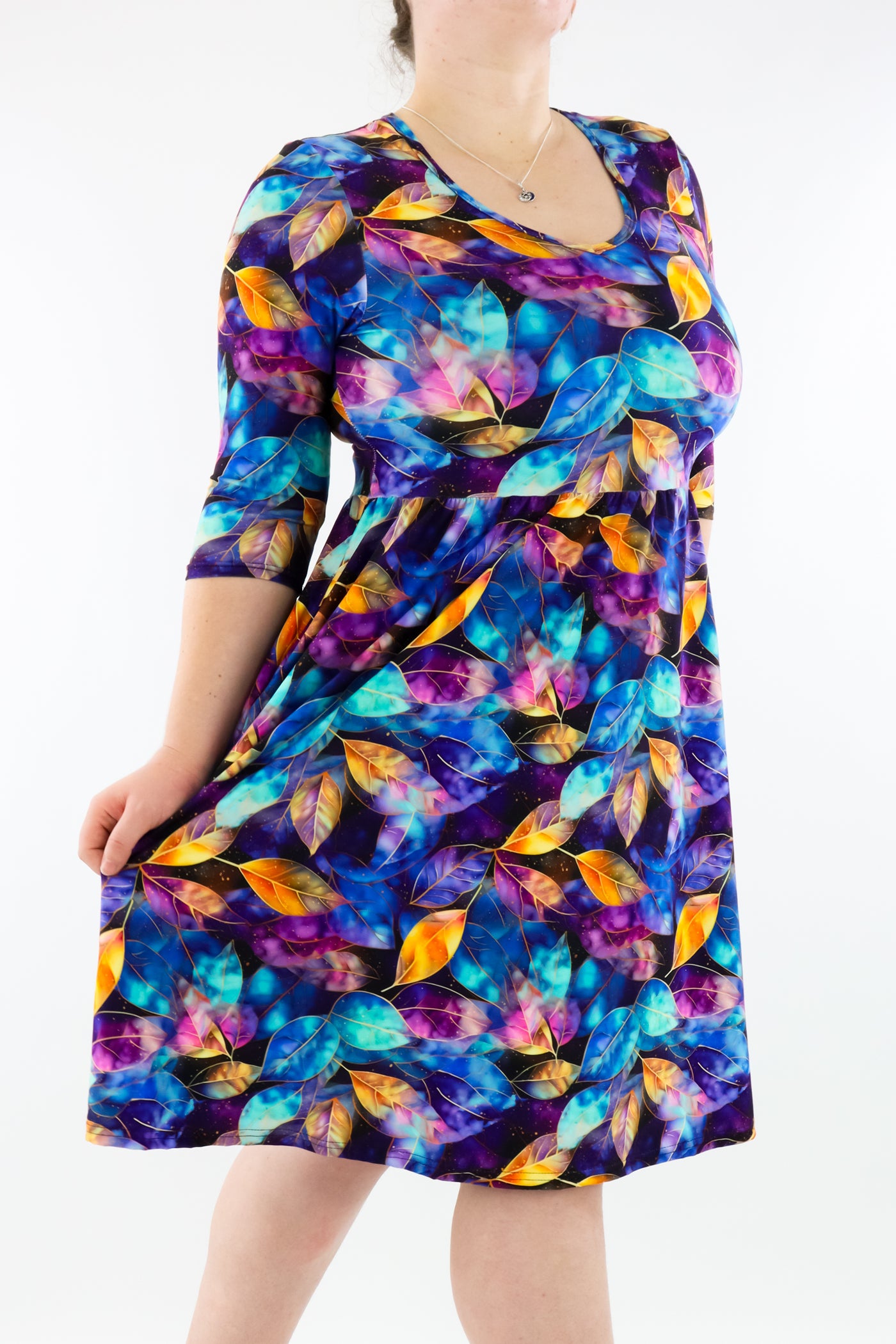 Autumn Galaxy - 3/4 Sleeve Skater Dress - Knee Length - Pockets