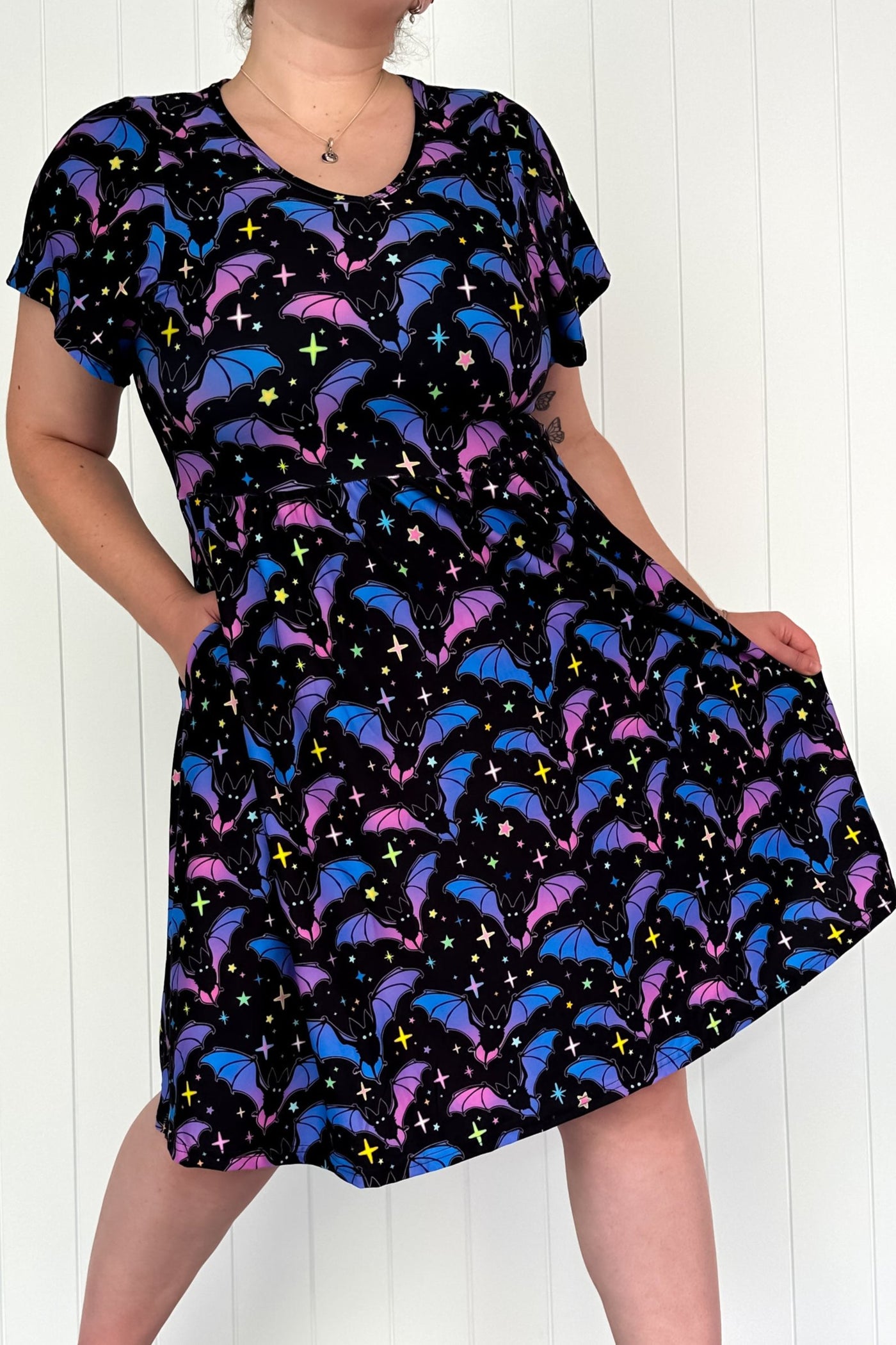 Going Batty - Flutter Sleeve Skater Dress - Knee Length - Pockets