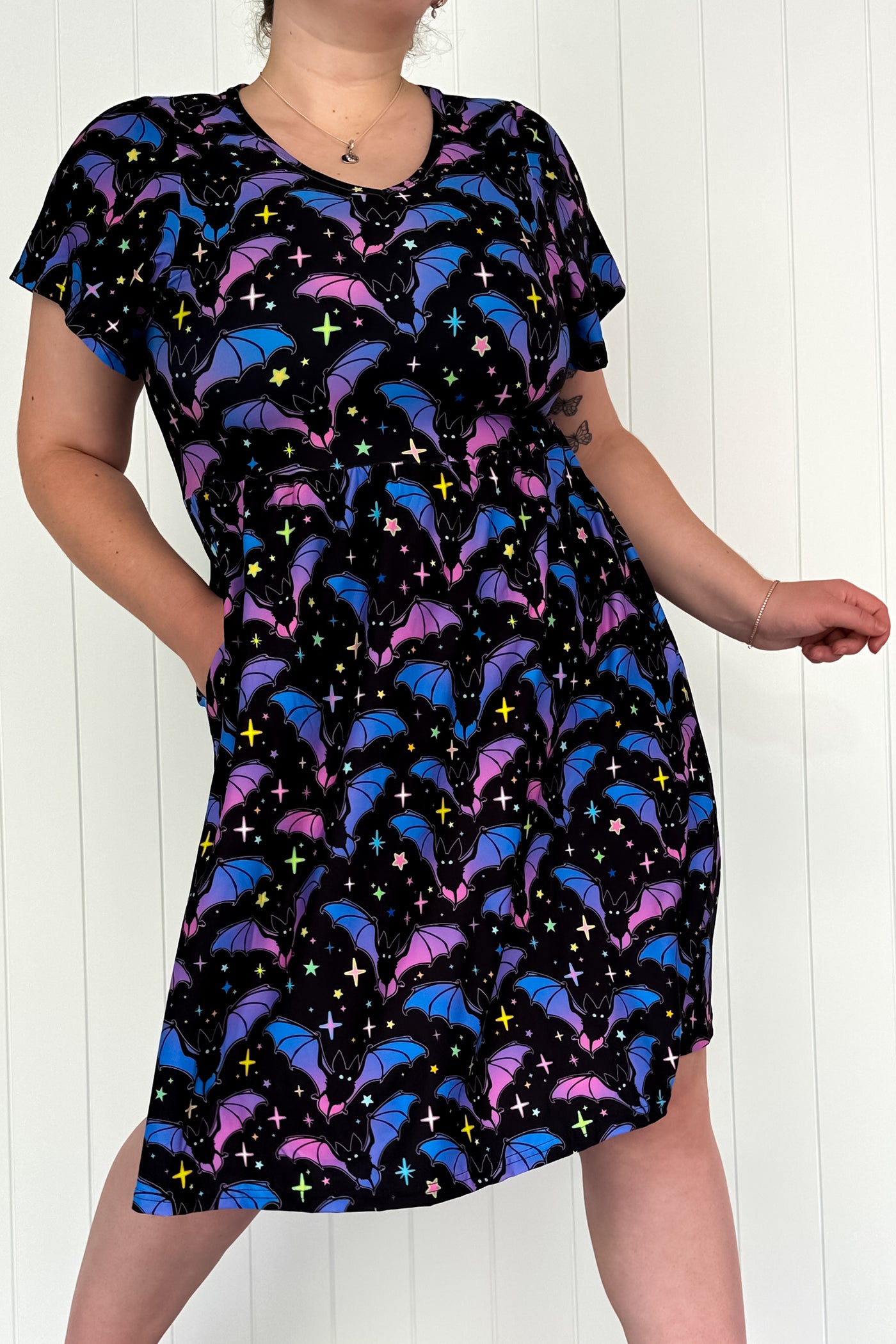 Going Batty - Flutter Sleeve Skater Dress - Knee Length - Pockets