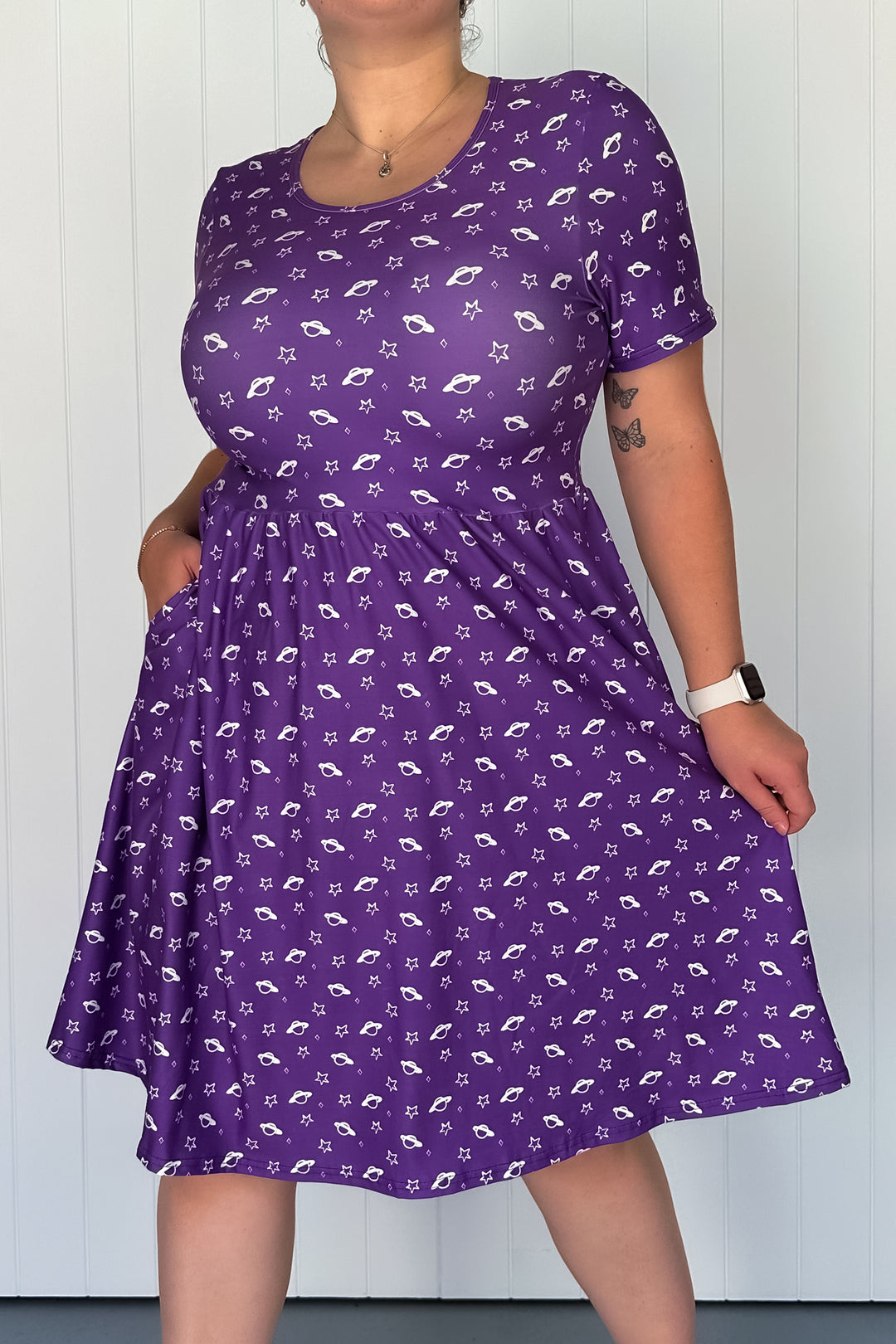 Purple Saturn - Knee Length Dress - Short Sleeve - Pockets