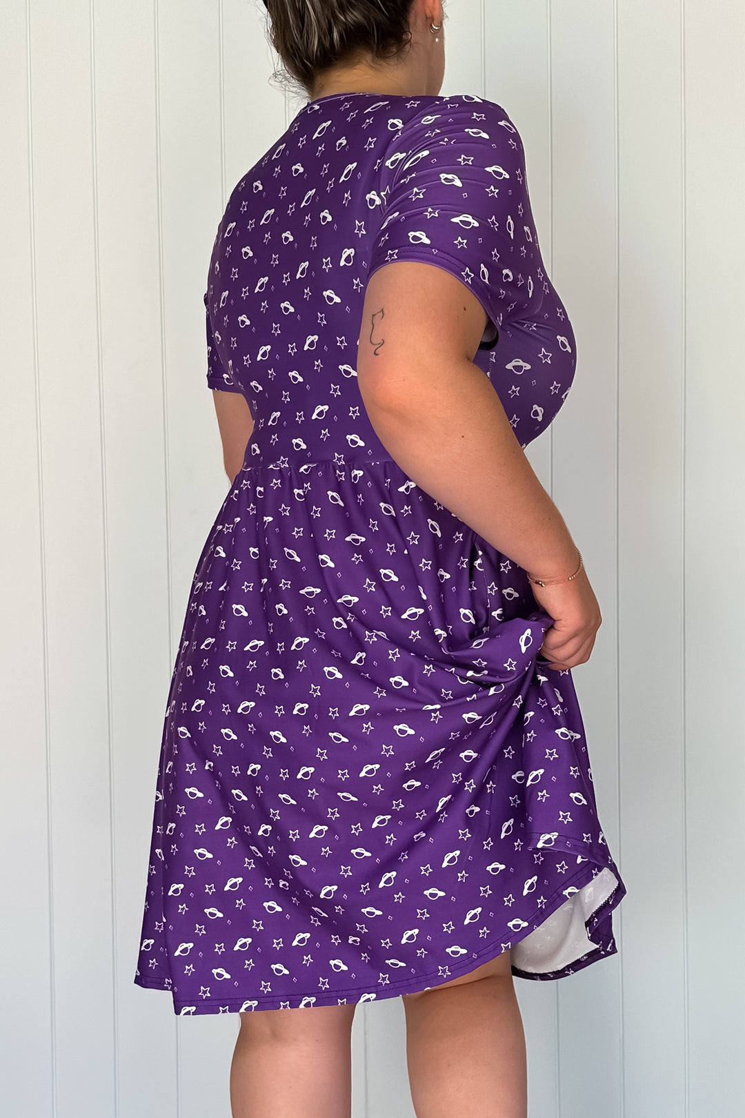 Purple Saturn - Knee Length Dress - Short Sleeve - Pockets