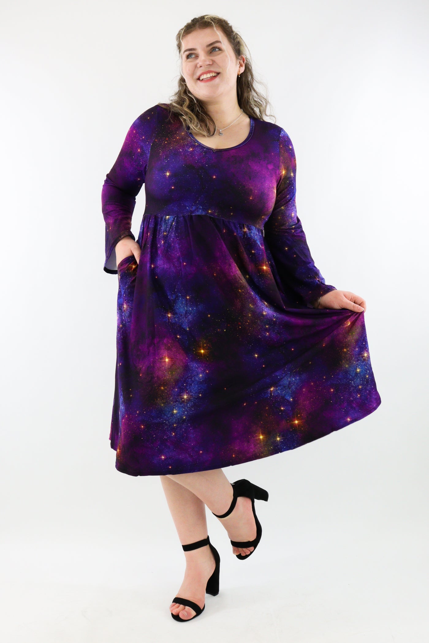 Galaxy Dust - Midi Length Dress - Bell Sleeve - Pockets