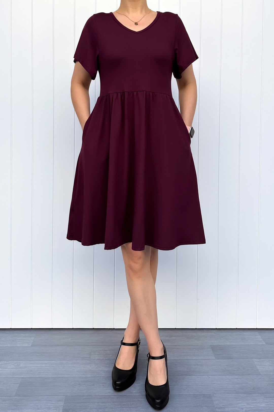 Plum - Knee Length Dress - Flutter Sleeve - Pockets