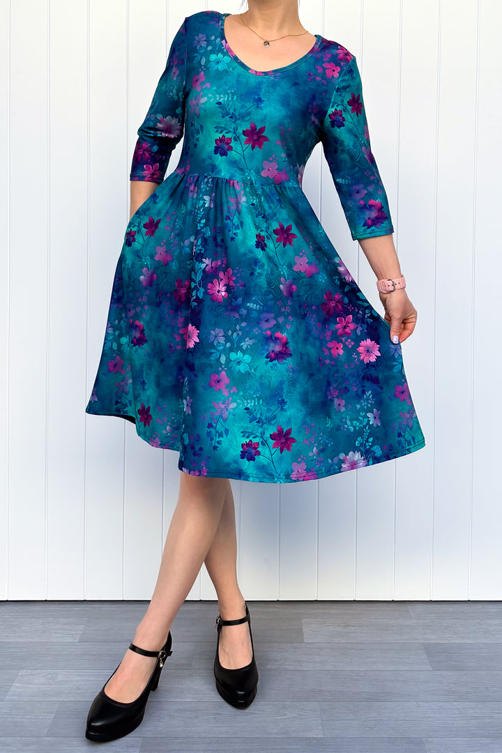 Ethereal Bloom - Knee Length Dress - 3/4 Sleeve - Pockets