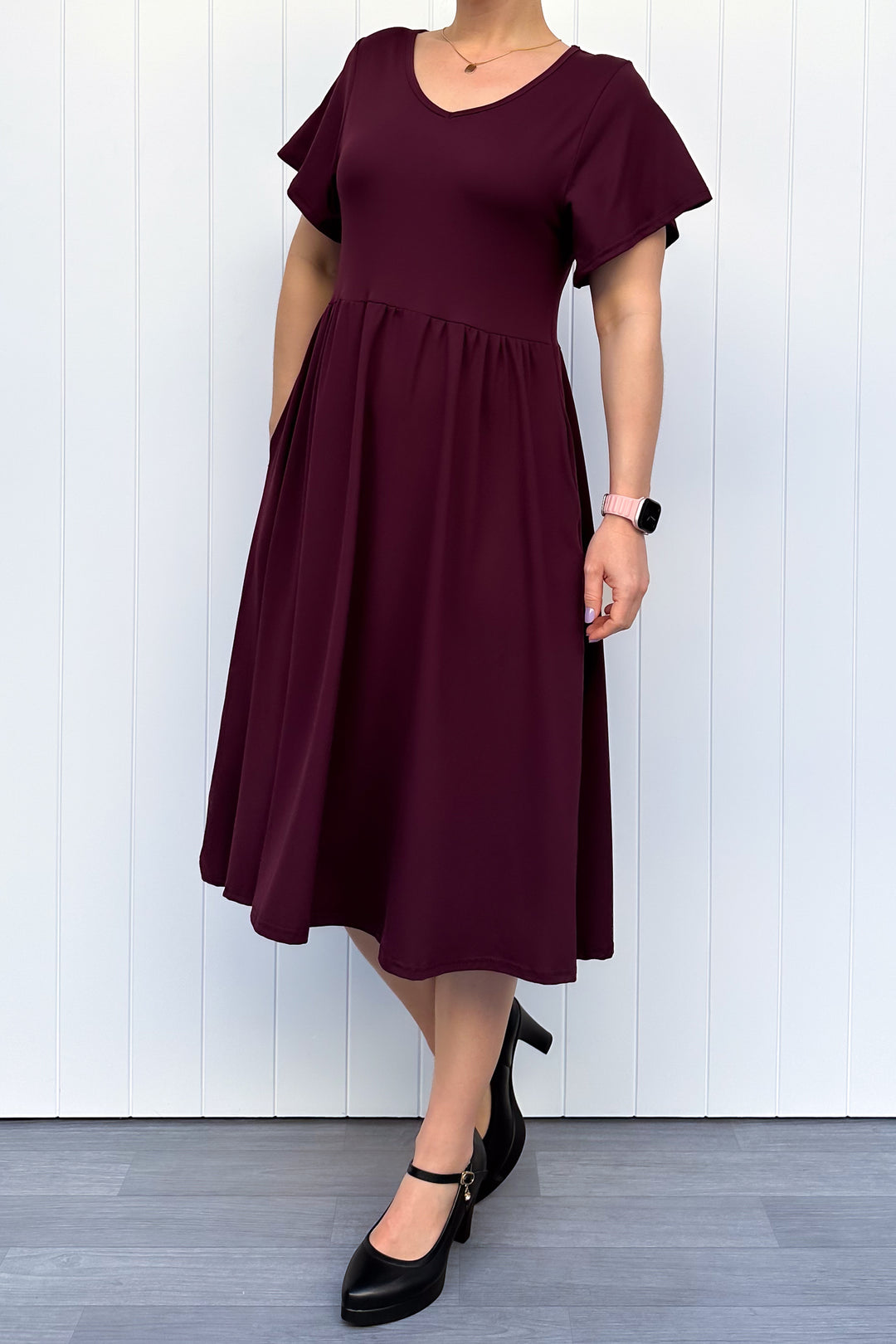 Plum - Midi Dress - Flutter Sleeve - Pockets