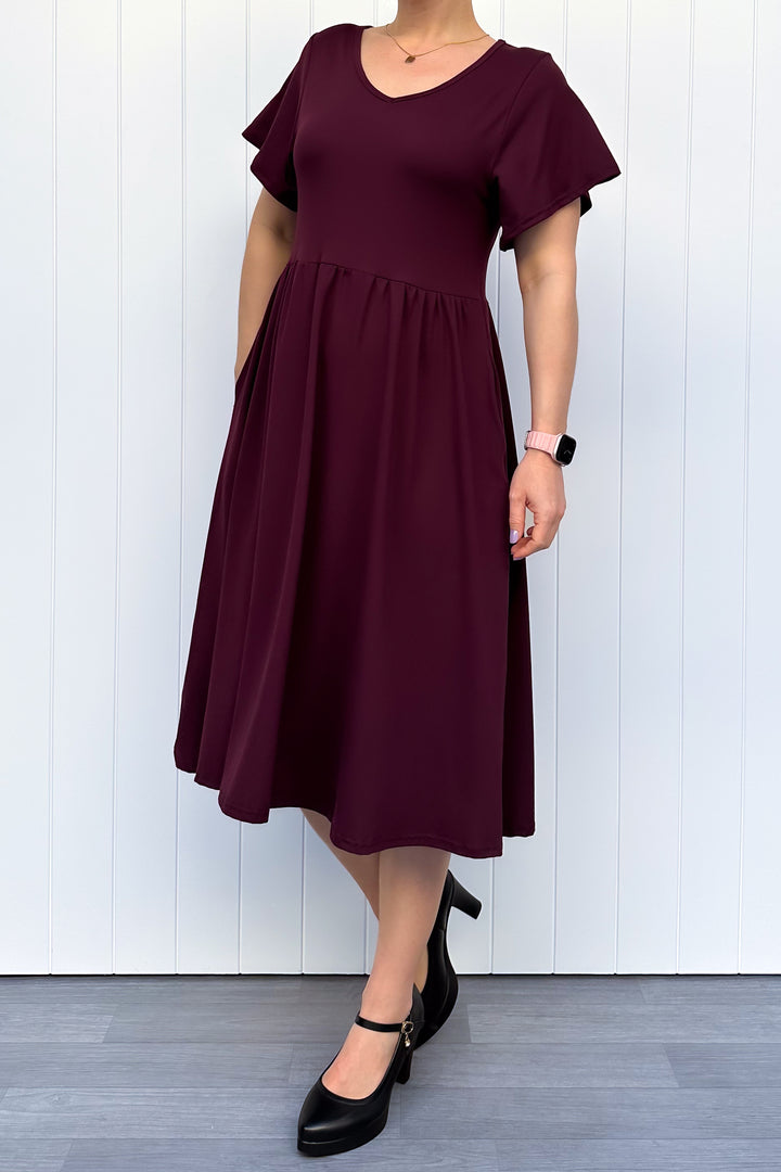 Plum - Midi Dress - Flutter Sleeve - Pockets
