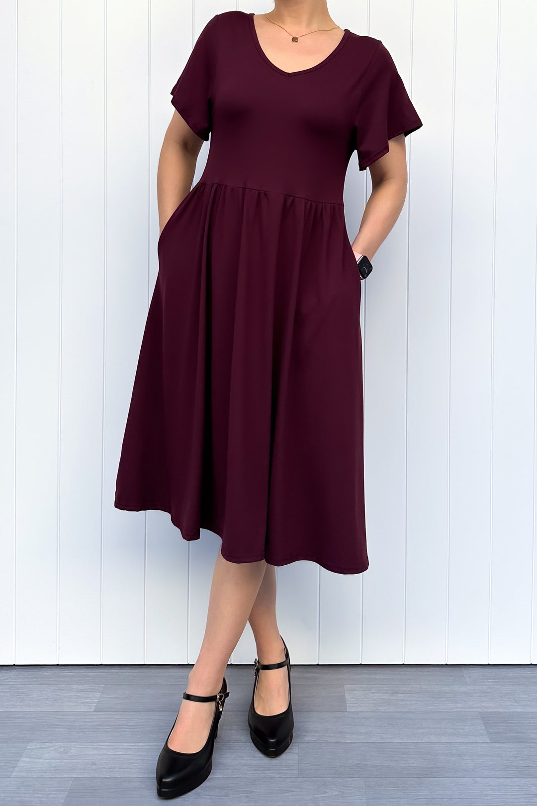 Plum - Midi Dress - Flutter Sleeve - Pockets