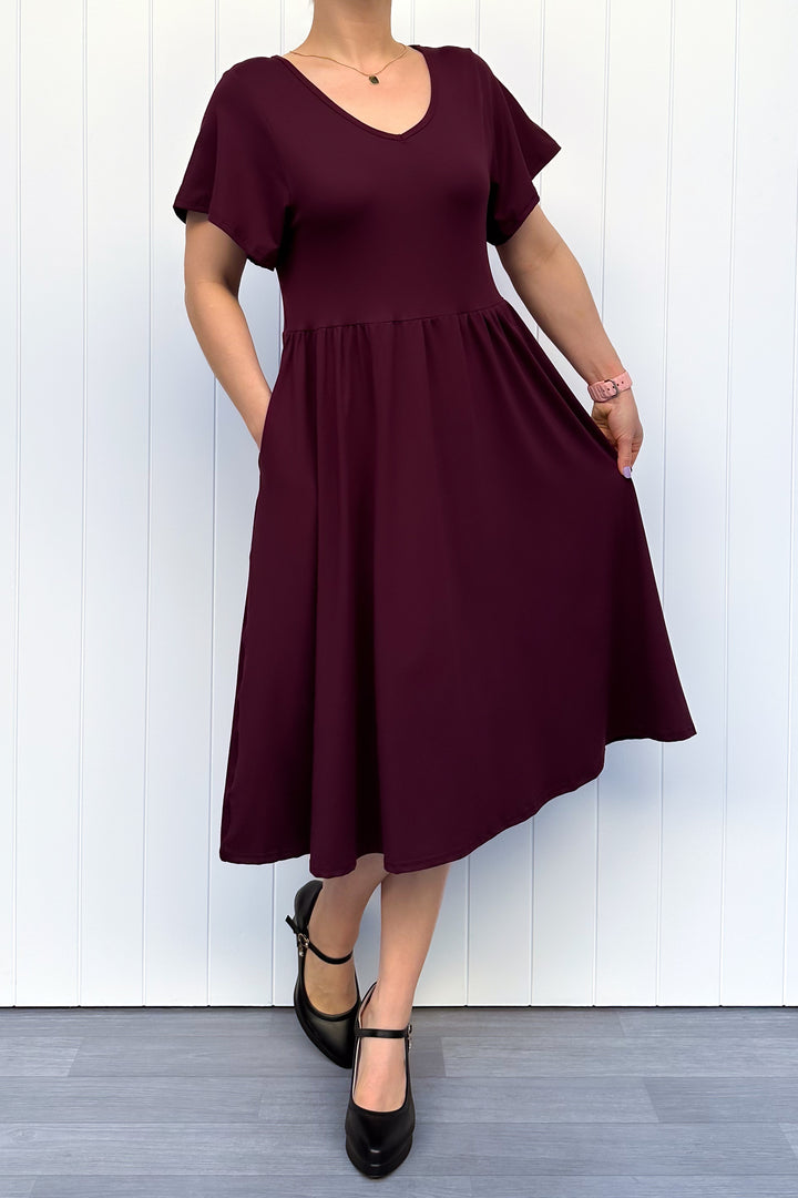 Plum - Midi Dress - Flutter Sleeve - Pockets