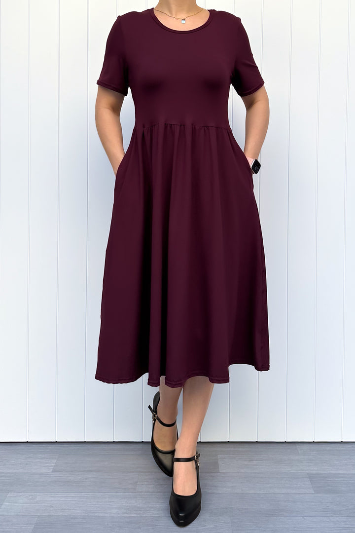 Plum - Midi Dress - Short Sleeve - Pockets