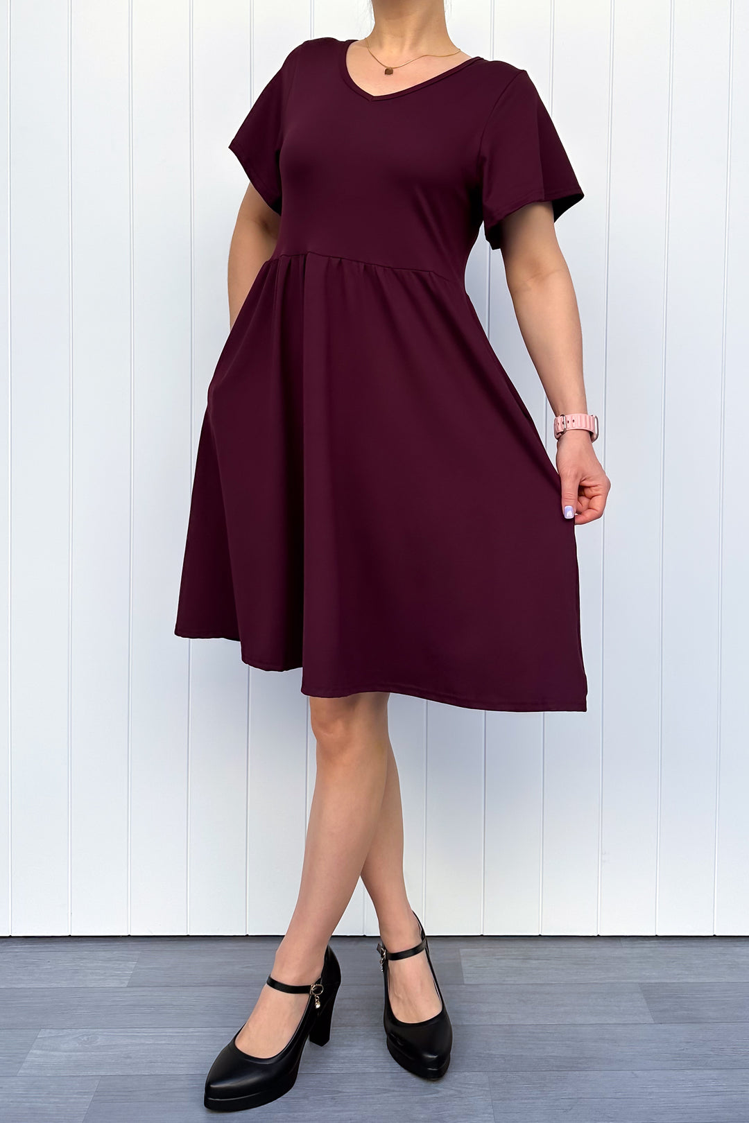Plum - Knee Length Dress - Flutter Sleeve - Pockets