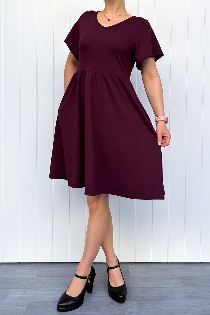Plum - Knee Length Dress - Flutter Sleeve - Pockets