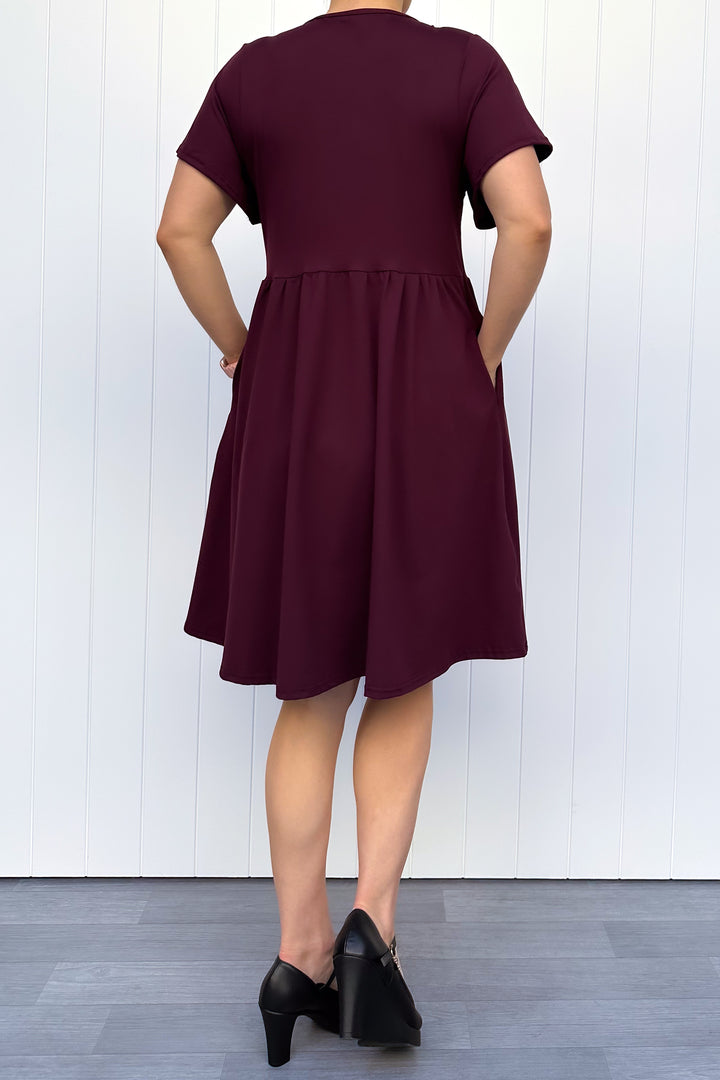 Plum - Knee Length Dress - Flutter Sleeve - Pockets