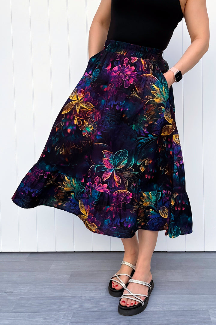 Zinnia Midi Skirt - Spectral Garden - Pockets