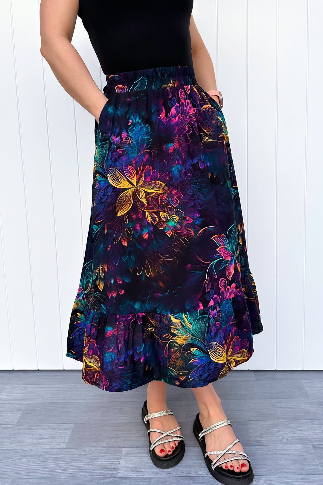 Zinnia Midi Skirt - Spectral Garden - Pockets