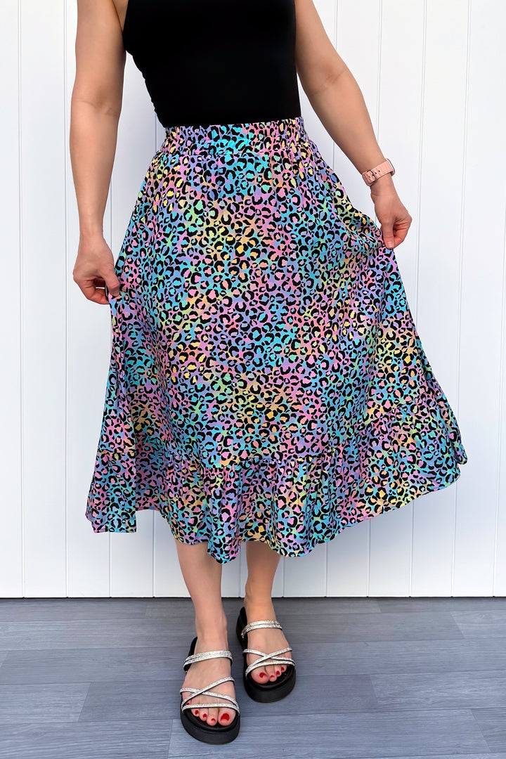 Zinnia Midi Skirt - Vivid Leopard - Pockets