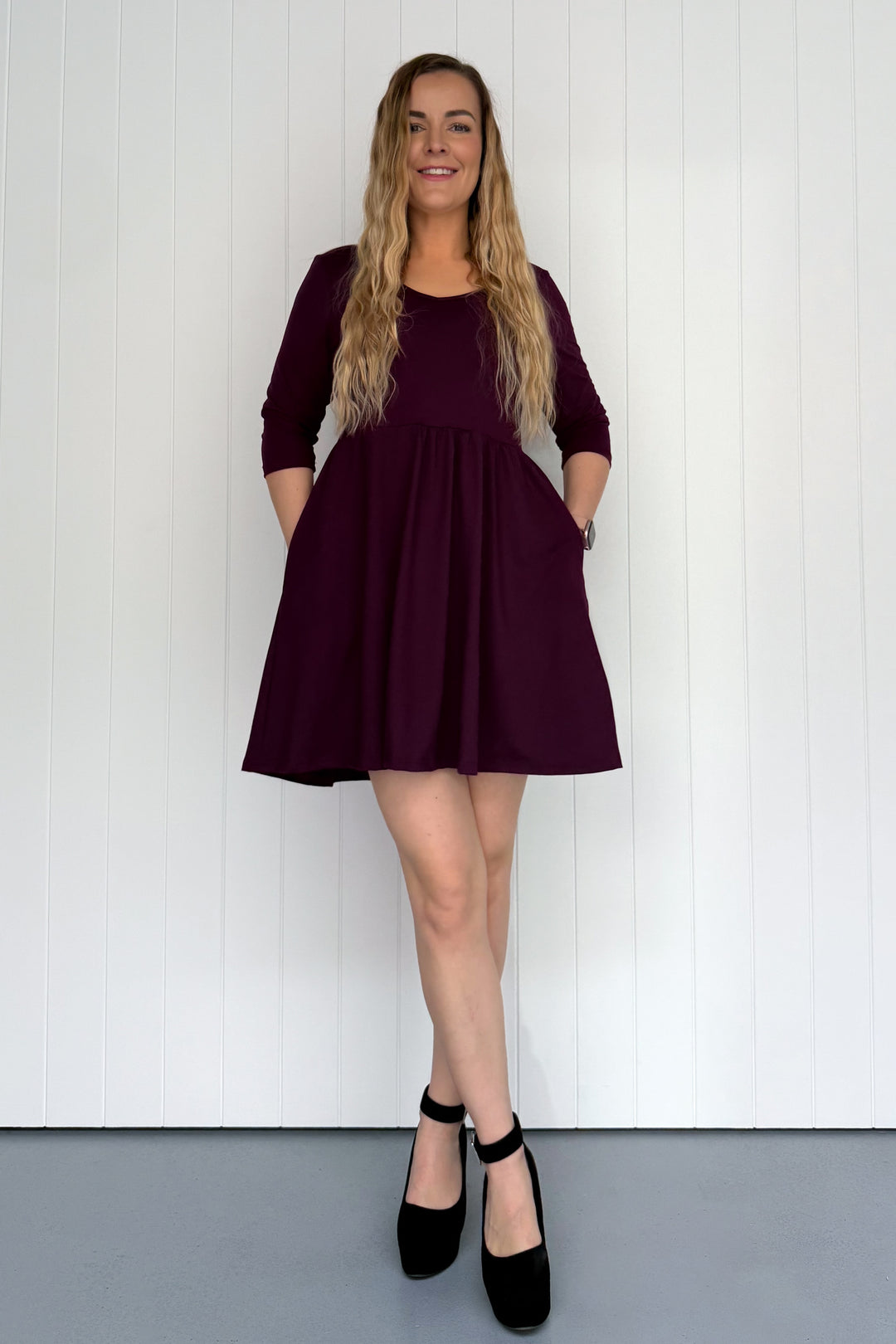 Plum - 3/4 Sleeve - Mini Dress - Pockets