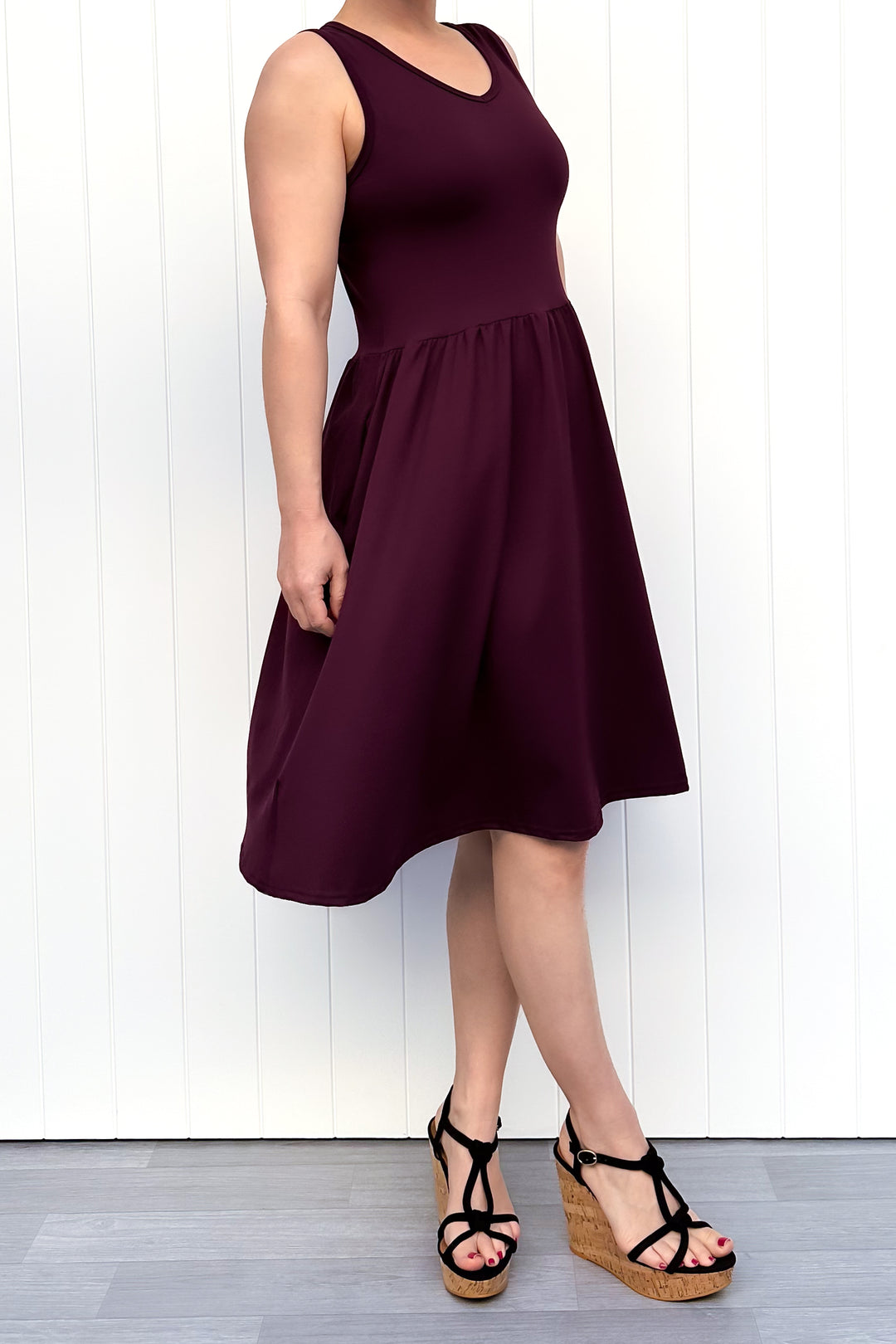 Plum - Sleeveless Knee Length Dress - Side Pockets