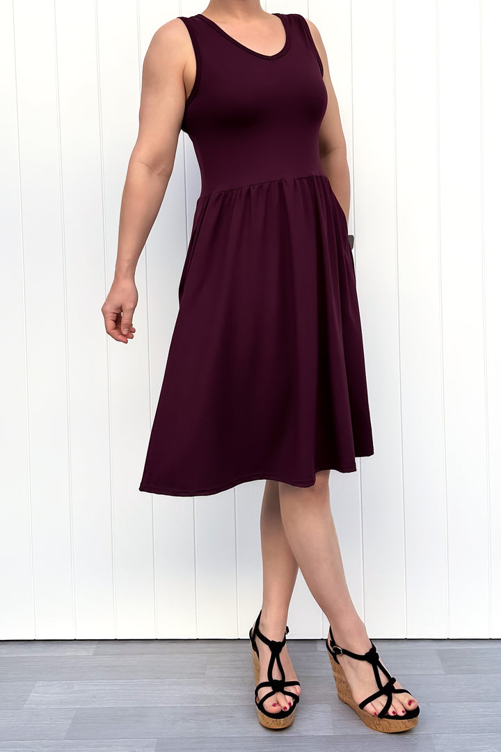 Plum - Sleeveless Knee Length Dress - Side Pockets