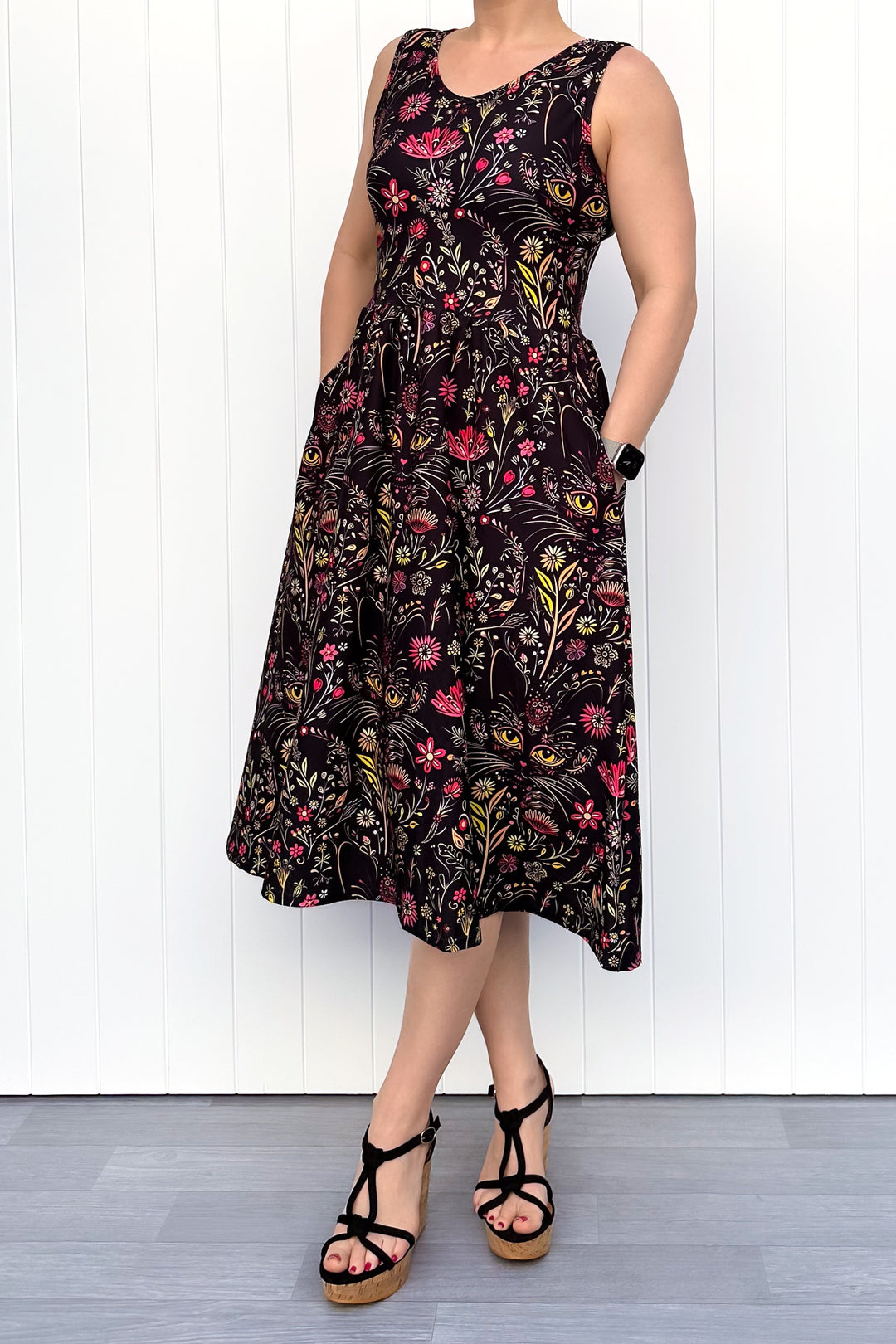 Whiskers & Wildflowers - Sleeveless Midi Dress - Pockets