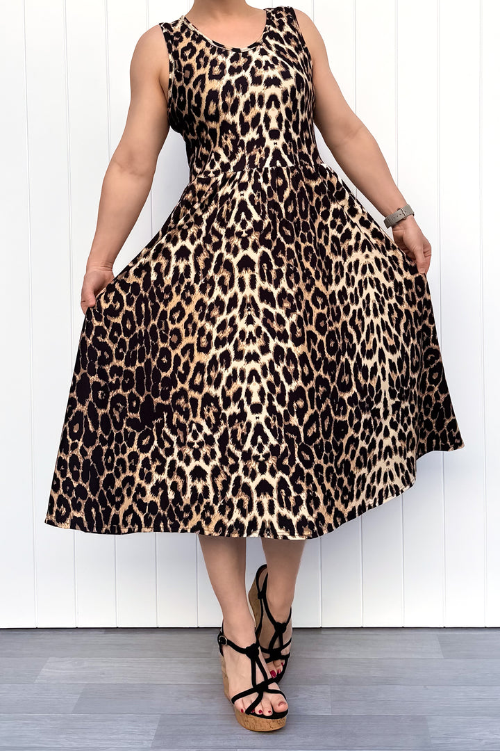 Wild Leopard - Sleeveless Midi Dress - Pockets