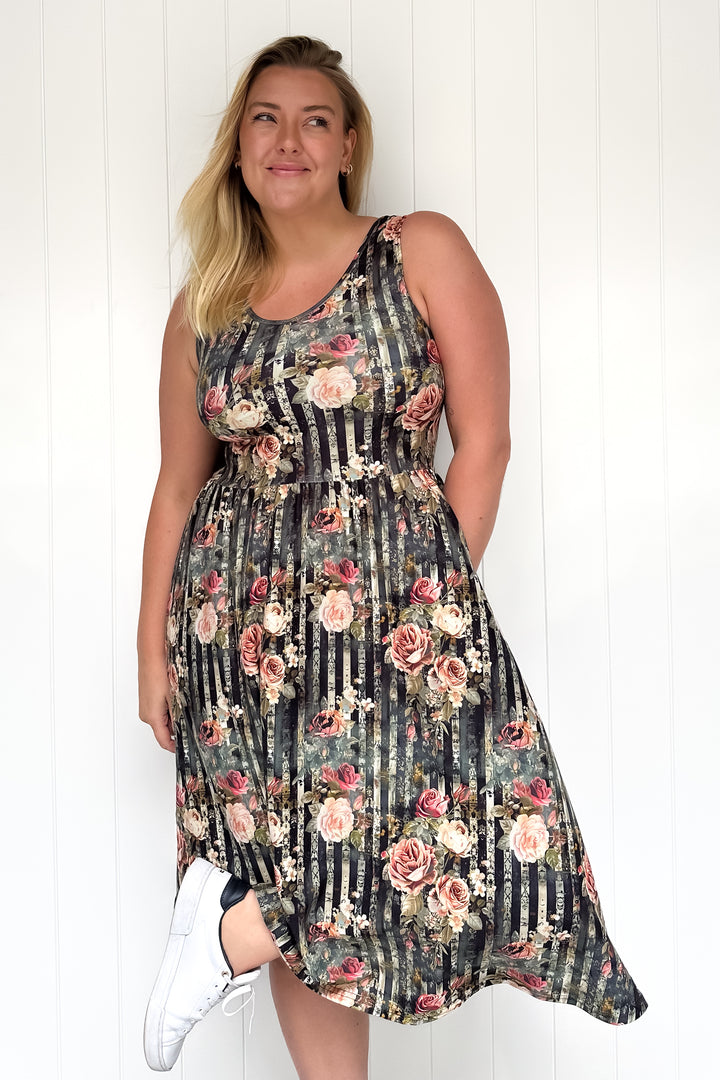 Heritage Rose - Sleeveless Midi Dress - Pockets