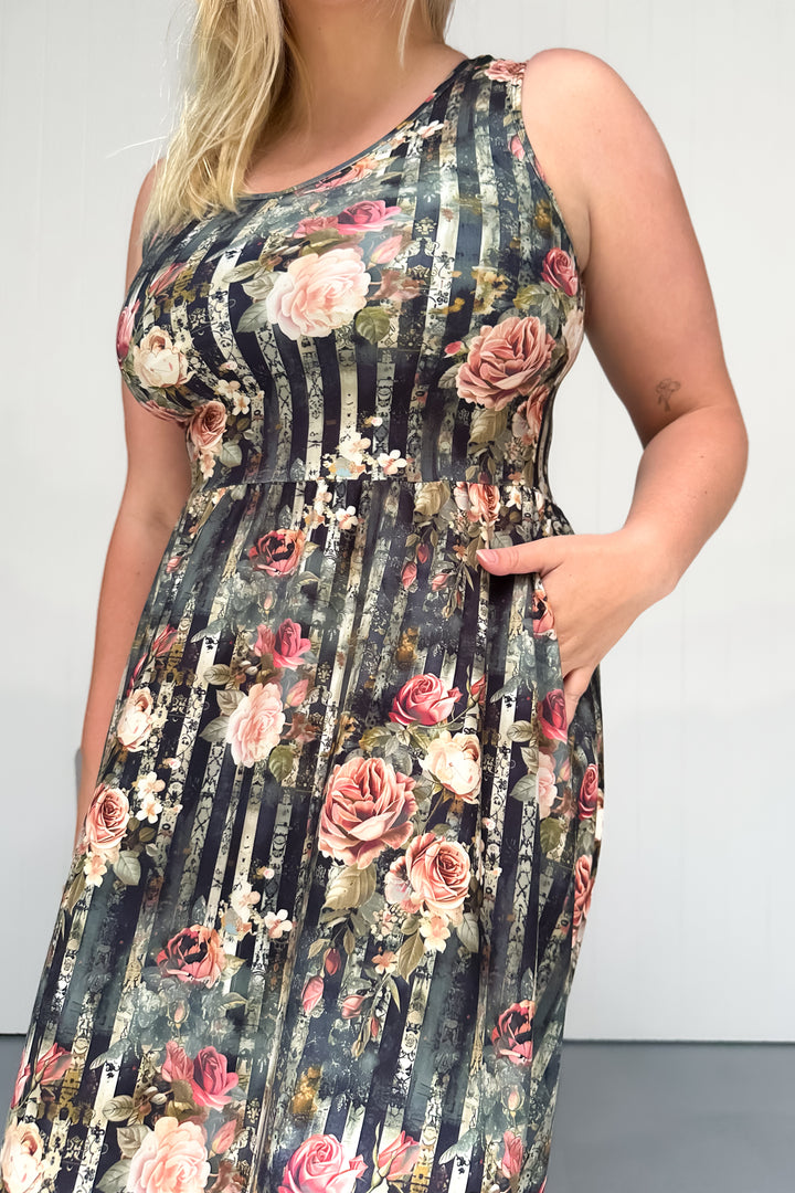 Heritage Rose - Sleeveless Midi Dress - Pockets