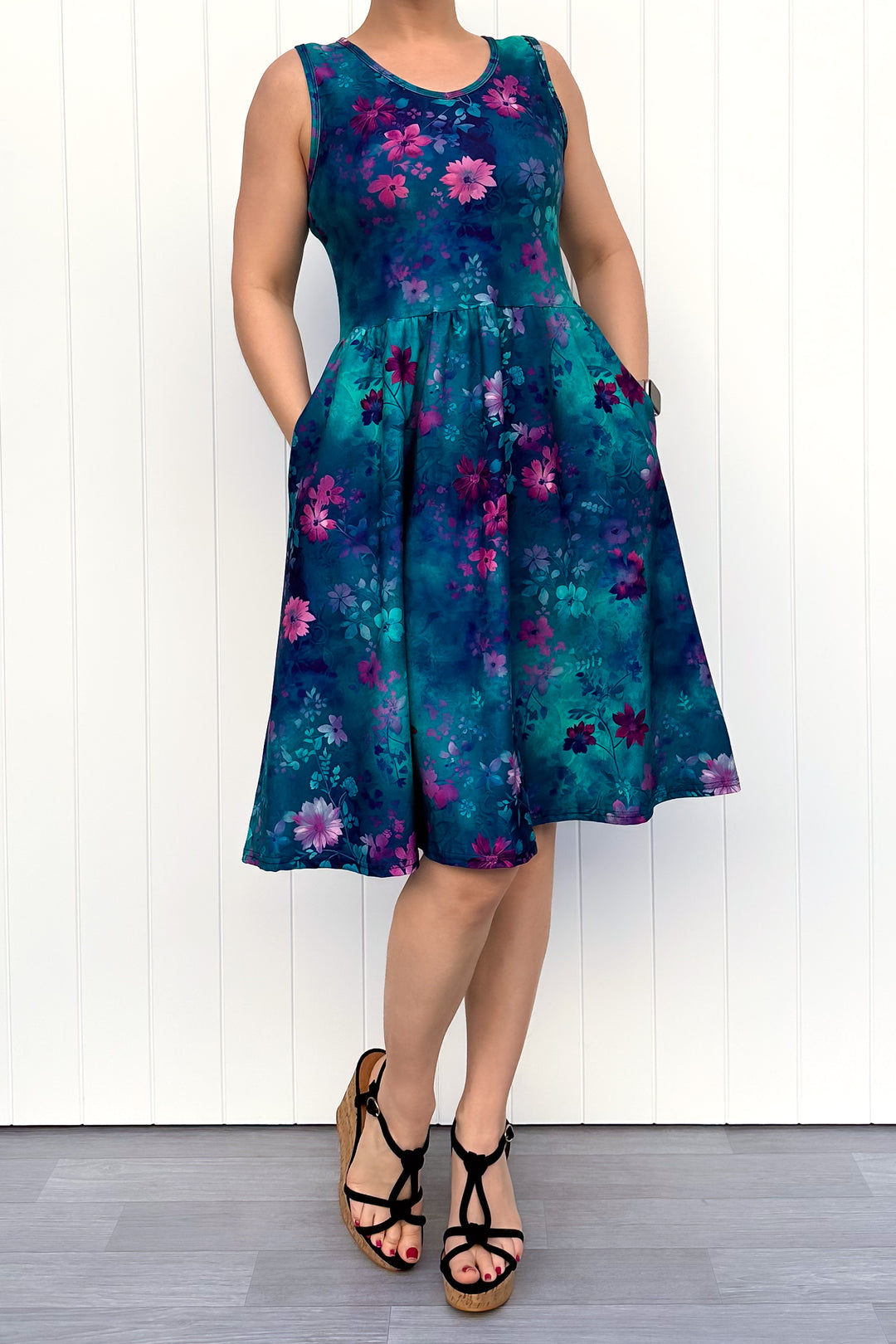 Ethereal Bloom - Sleeveless Knee Length Dress - Side Pockets