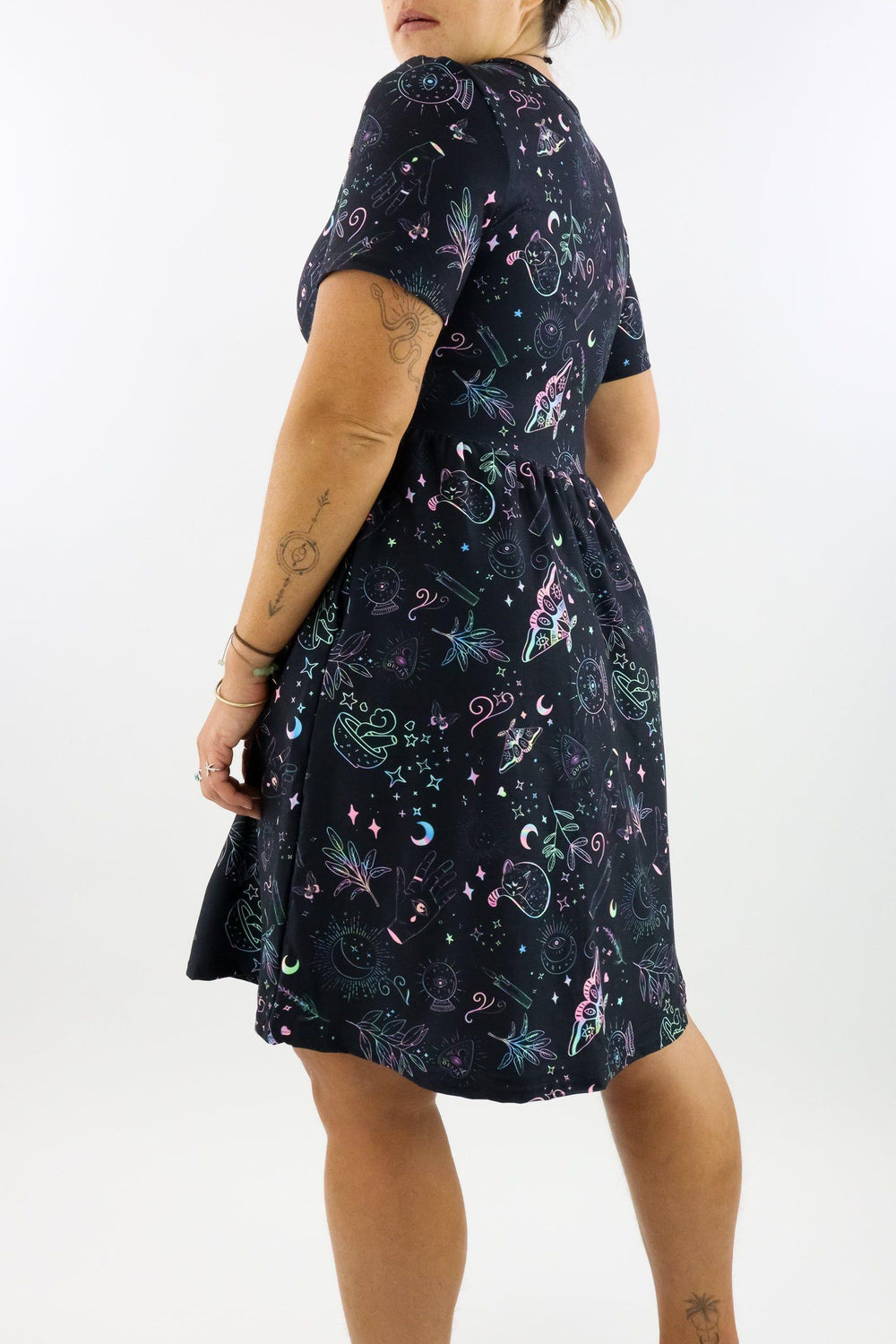 Holographic Witch - Short Sleeve Skater Dress - Knee Length - Side Pockets Knee Length Skater Dress Pawlie   