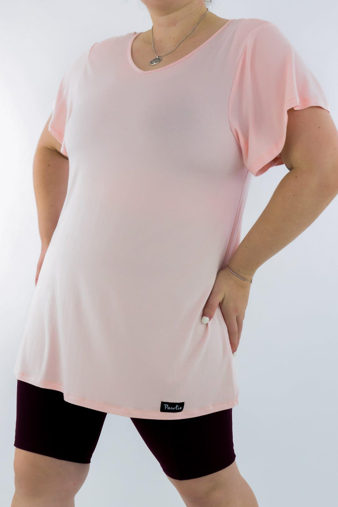 Peachy Pink - Long T-shirt - V-neck - Flutter Sleeve 