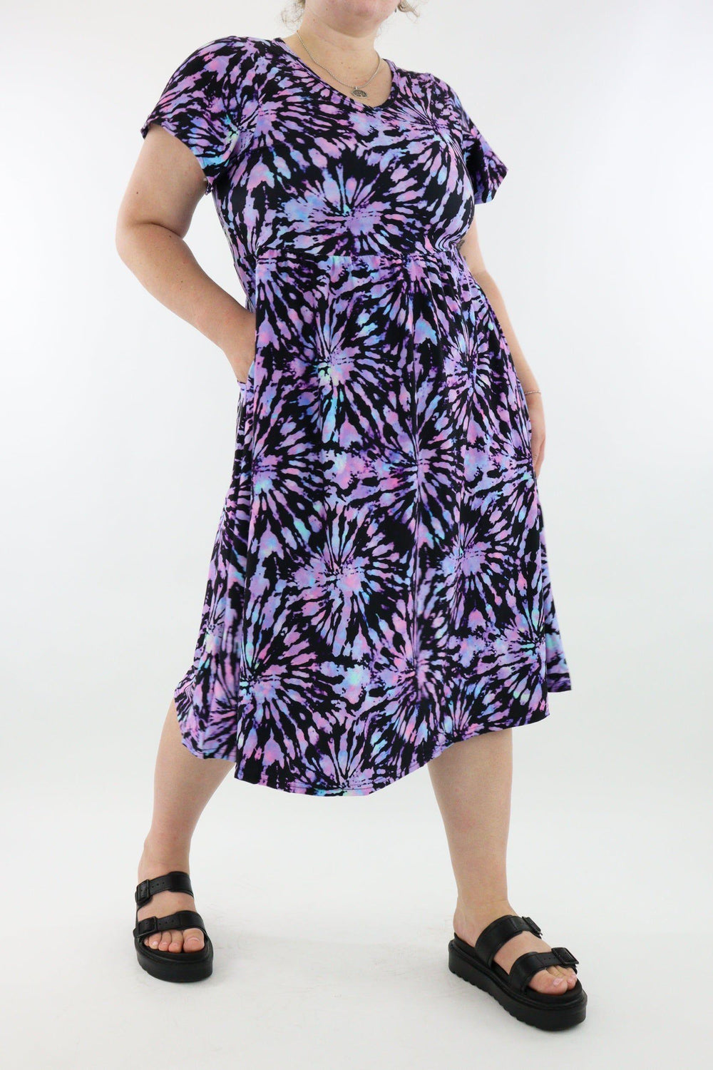 Iridescent Purple Tie Dye - A-Line Dress - Midi Length - Side Pockets - Pawlie