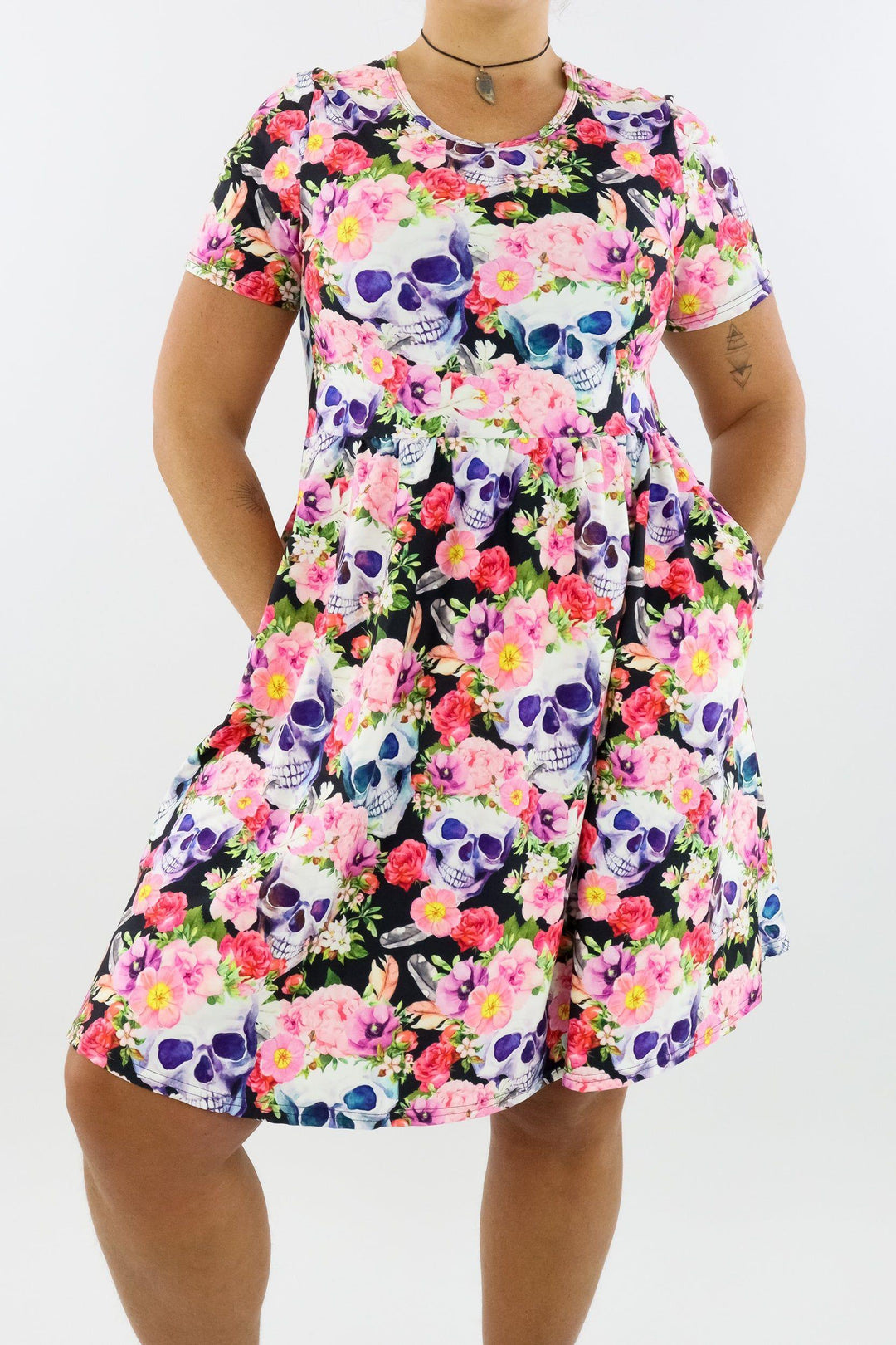 Dead Pretty - Short Sleeve Skater Dress - Knee Length - Side Pockets Knee Length Skater Dress Pawlie   