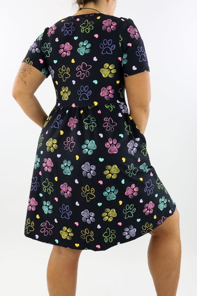 Doodle Paws - Short Sleeve Skater Dress - Knee Length - Side Pockets Knee Length Skater Dress Pawlie   