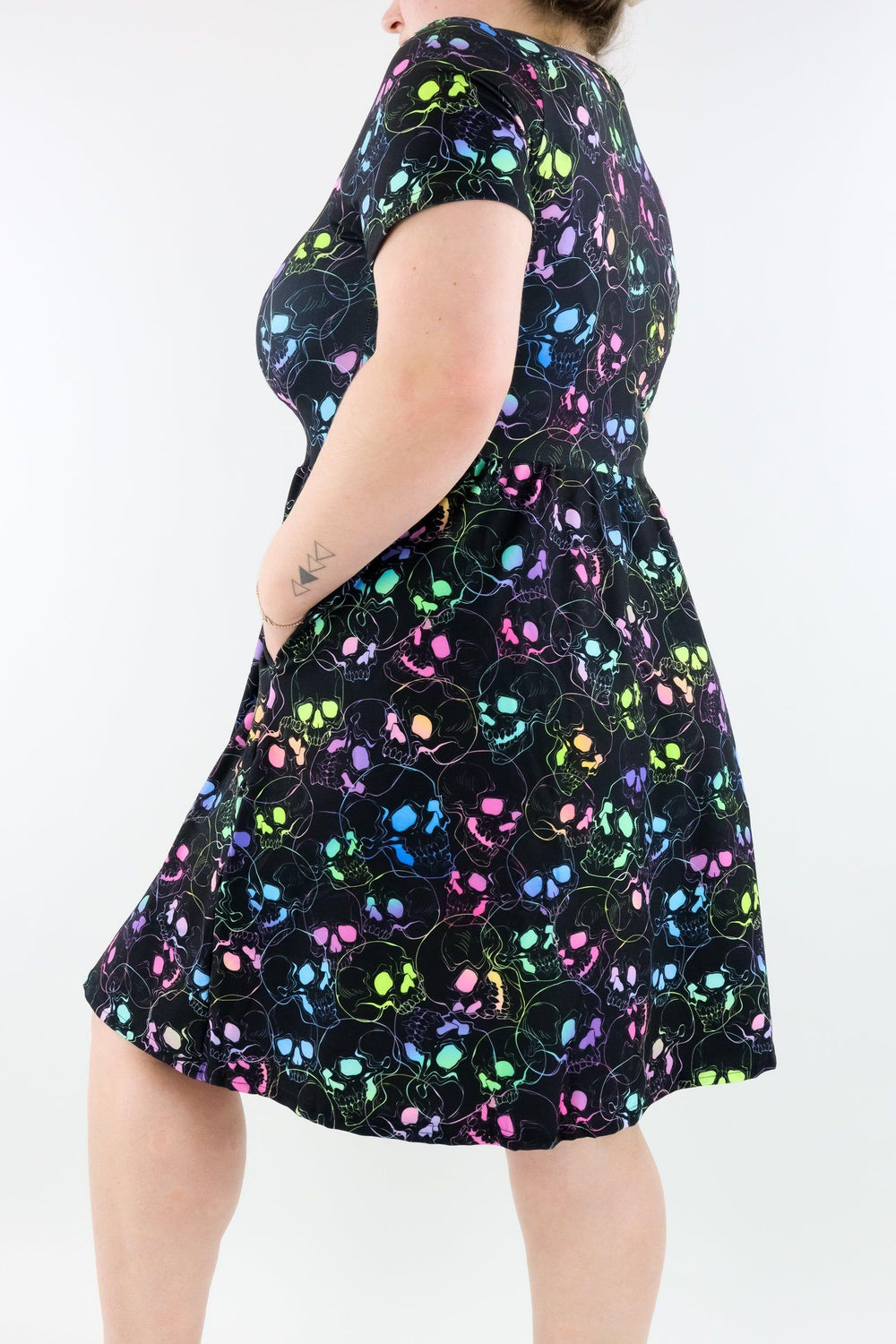 Neon Skull - Short Sleeve Skater Dress - Knee Length - Side Pockets Knee Length Skater Dress Pawlie   