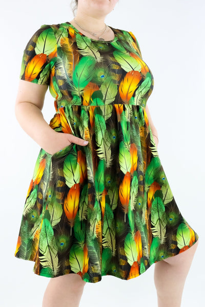 Forever Feather - Short Sleeve Skater Dress - Knee Length - Side Pockets - Pawlie