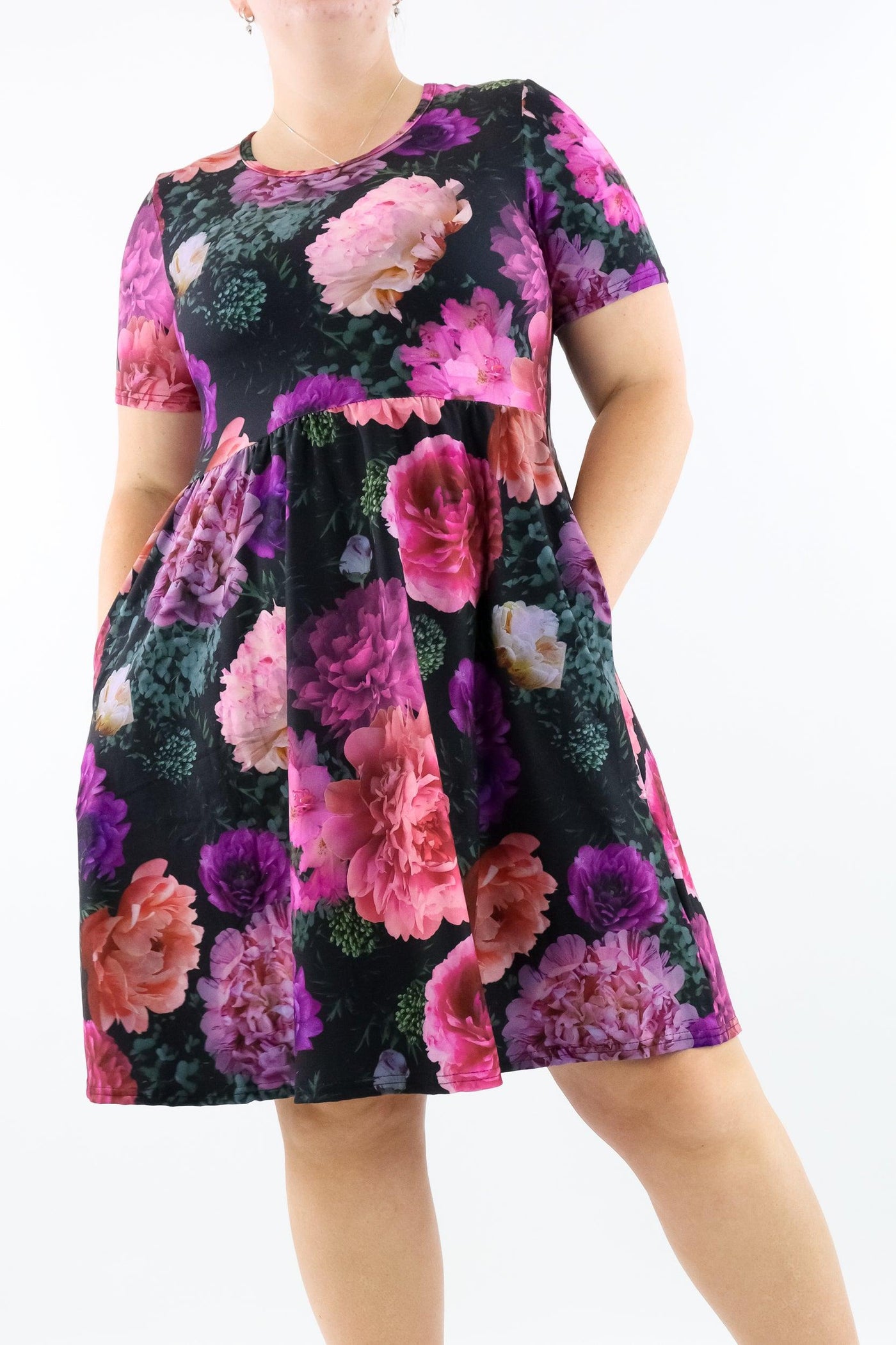 Peony Passion - Short Sleeve Skater Dress - Knee Length - Side Pockets - Pawlie