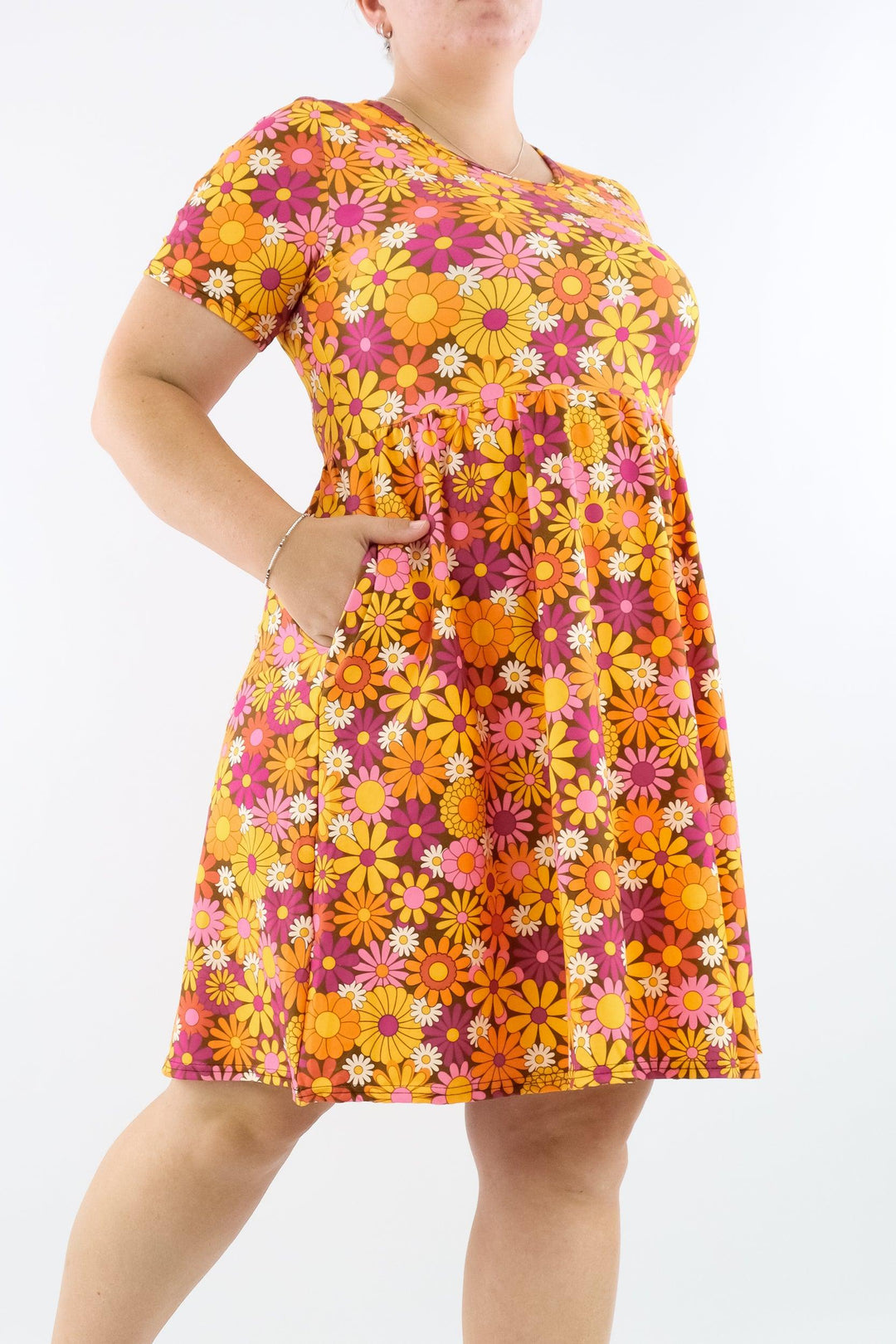 Posy Pop - Short Sleeve Skater Dress - Knee Length - Side Pockets - Pawlie