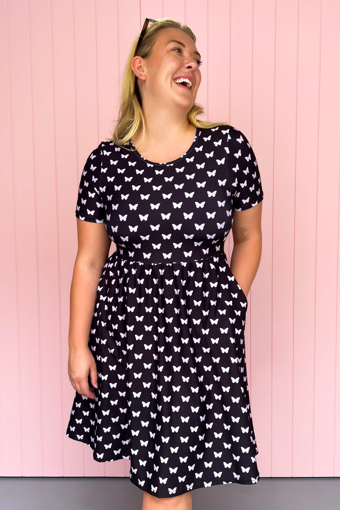 Butterfly Imprint - Knee Length Dress - Short Sleeve - Pockets