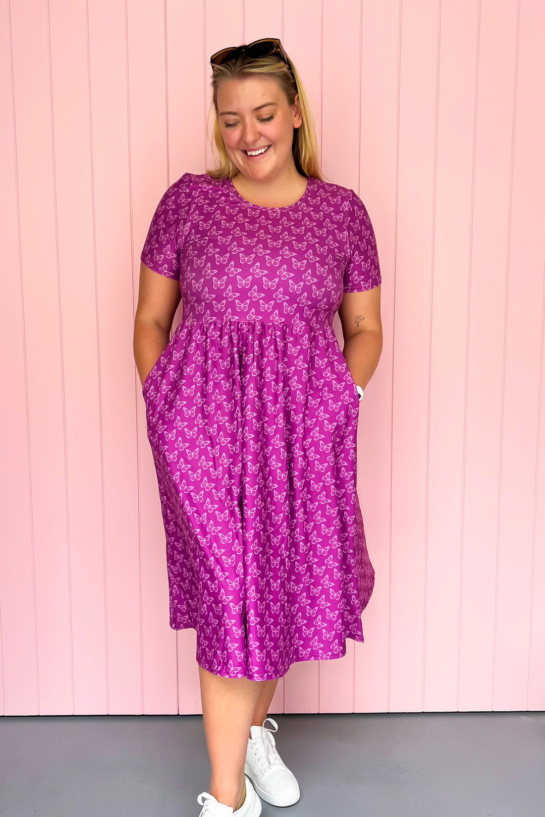Rich Purple Butterflies - Midi Dress - Short Sleeve - Pockets