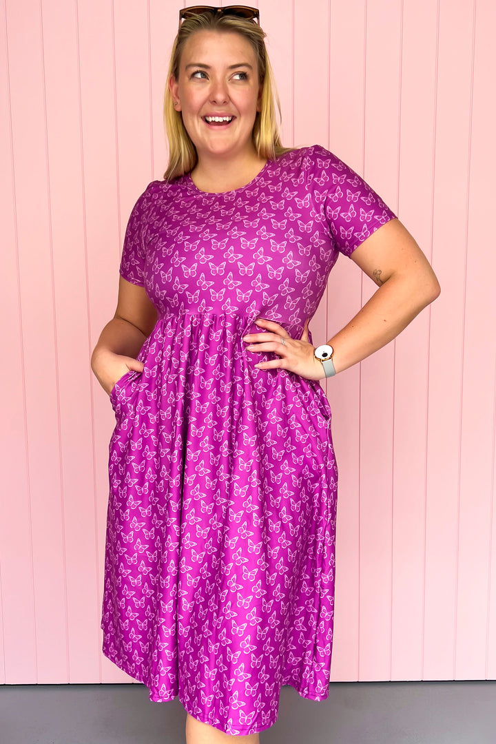 Rich Purple Butterflies - Midi Dress - Short Sleeve - Pockets