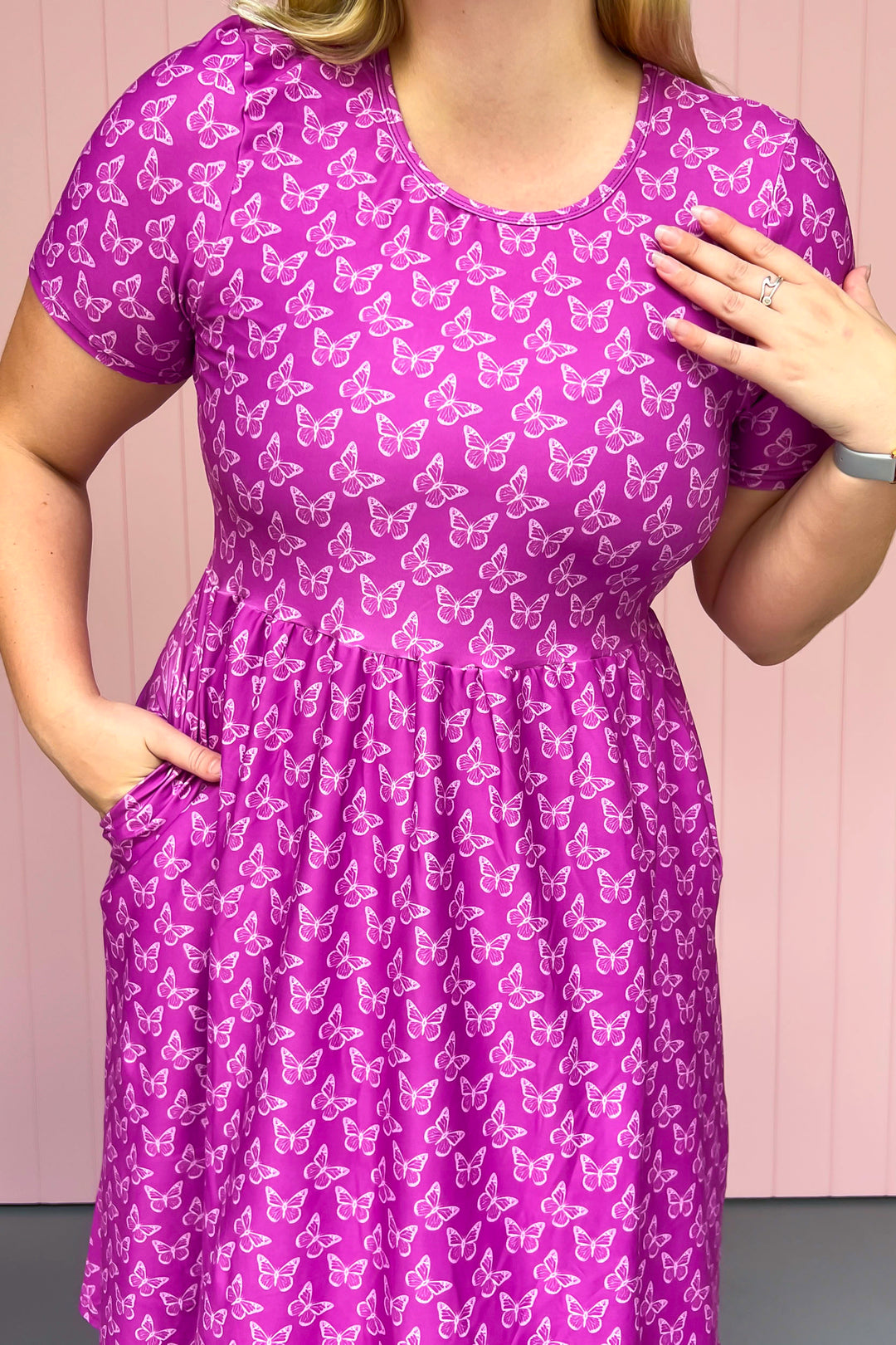 Rich Purple Butterflies - Midi Dress - Short Sleeve - Pockets