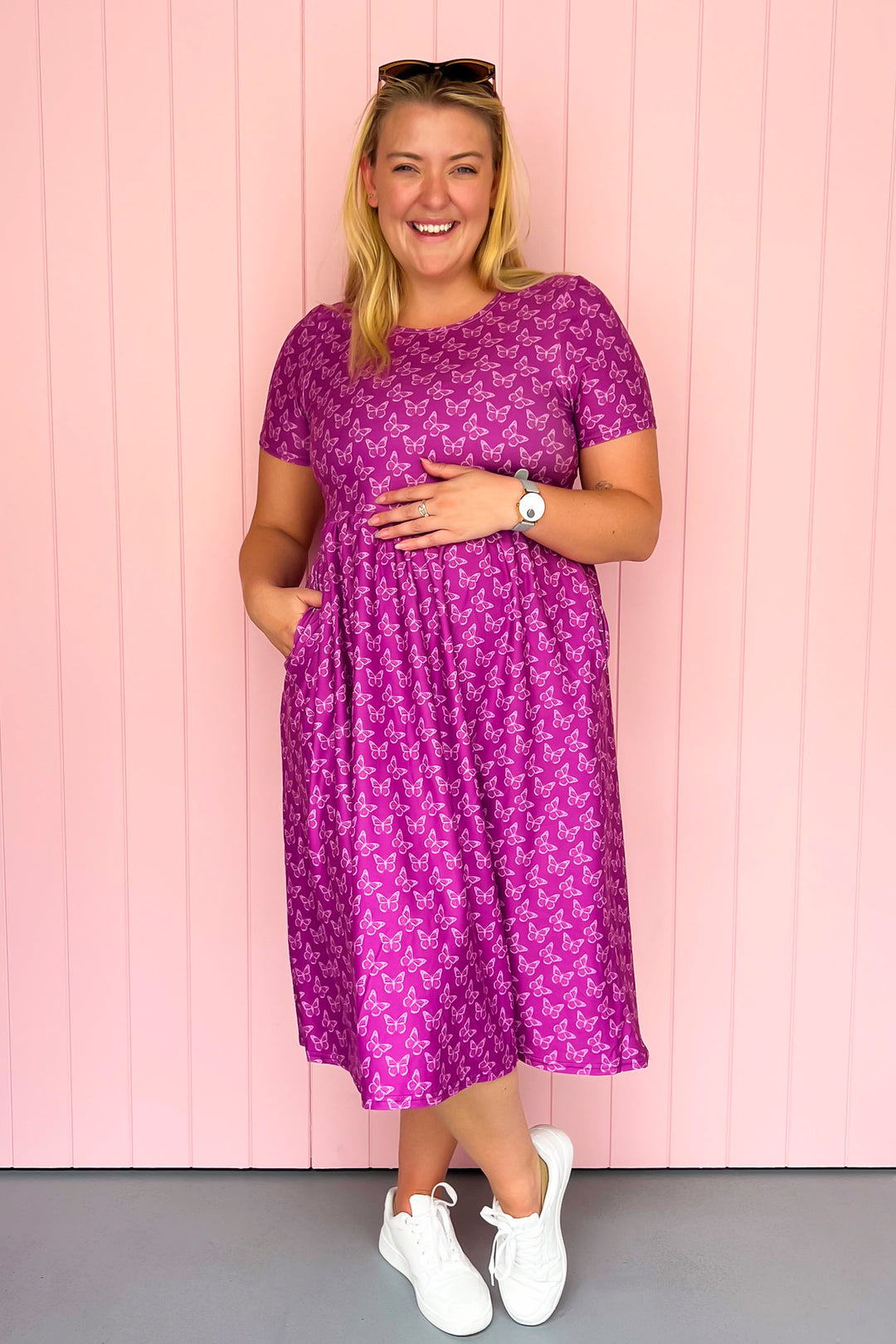 Rich Purple Butterflies - Midi Dress - Short Sleeve - Pockets