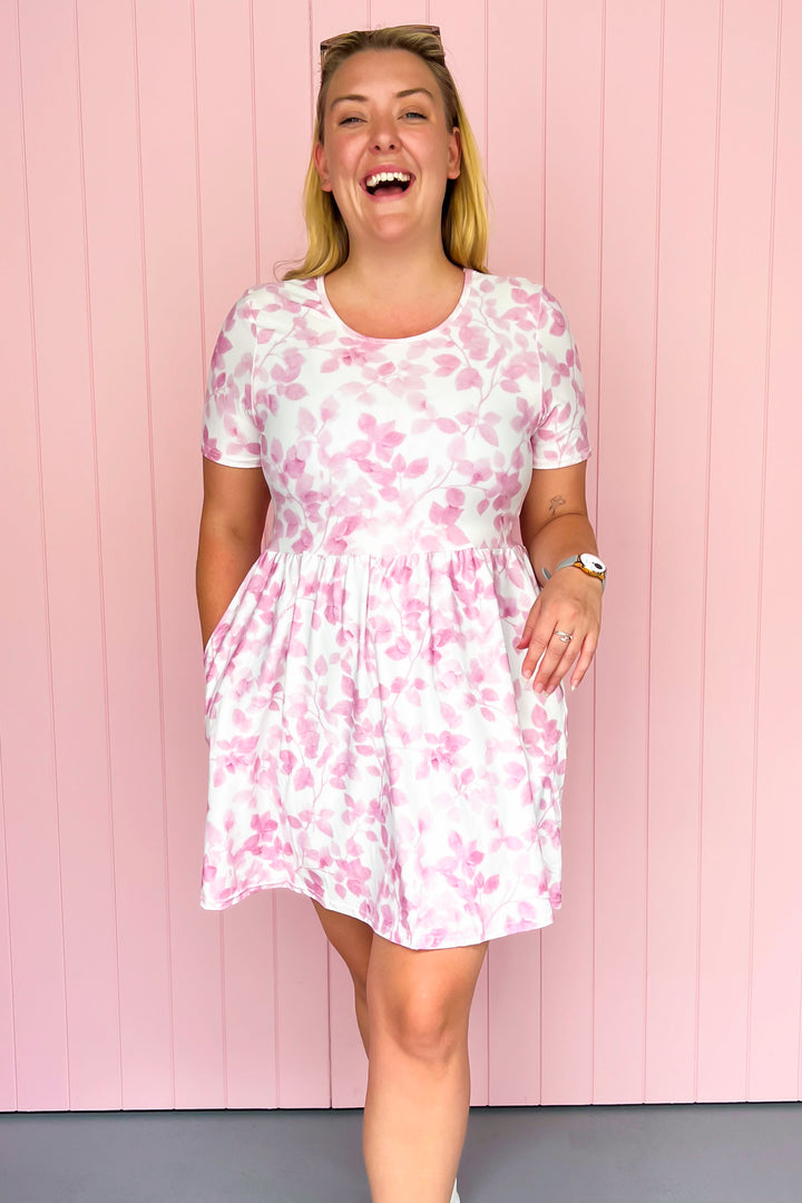 Blush Foliage - Mini Dress - Short Sleeve - Pockets