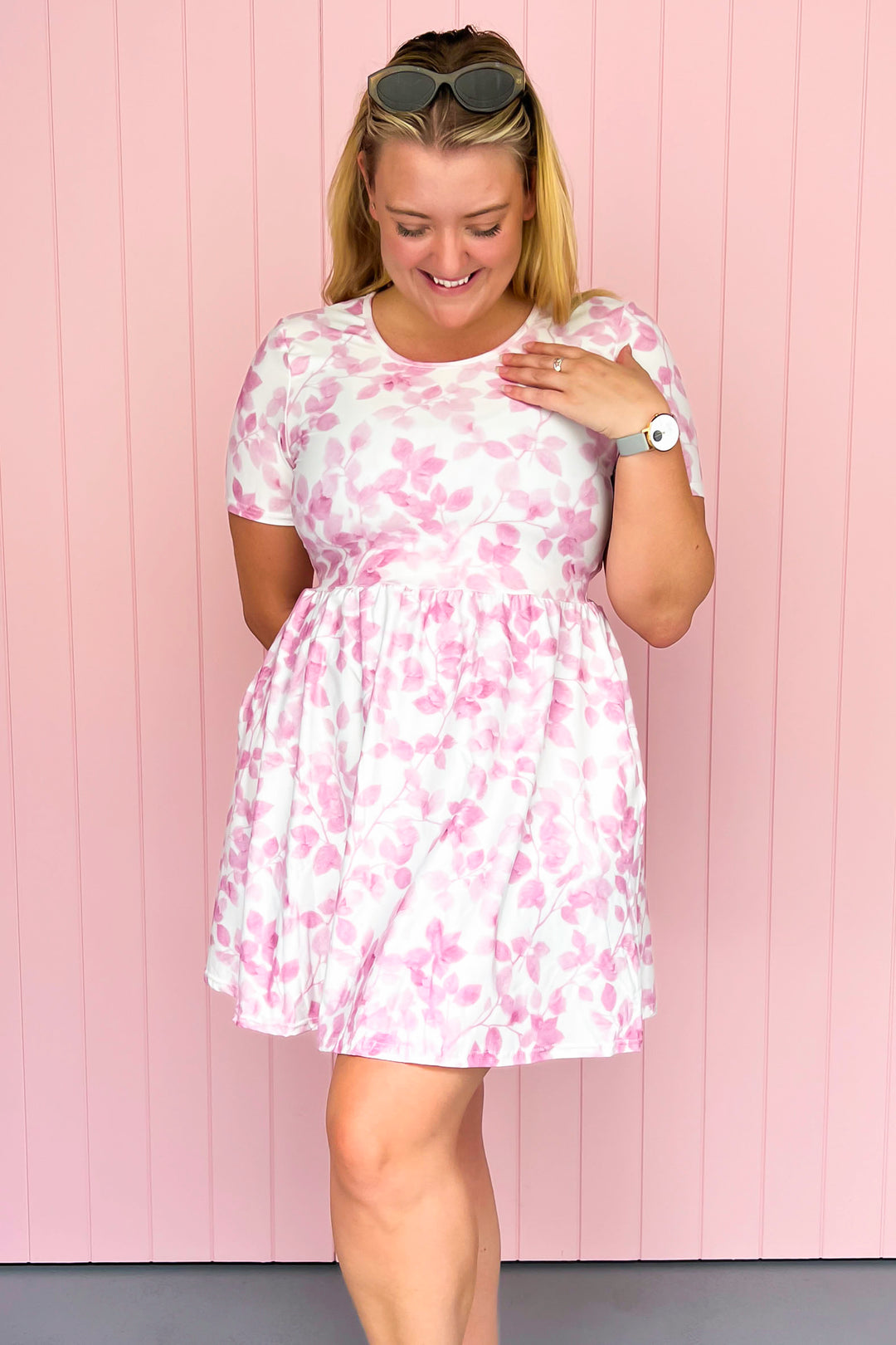 Blush Foliage - Mini Dress - Short Sleeve - Pockets